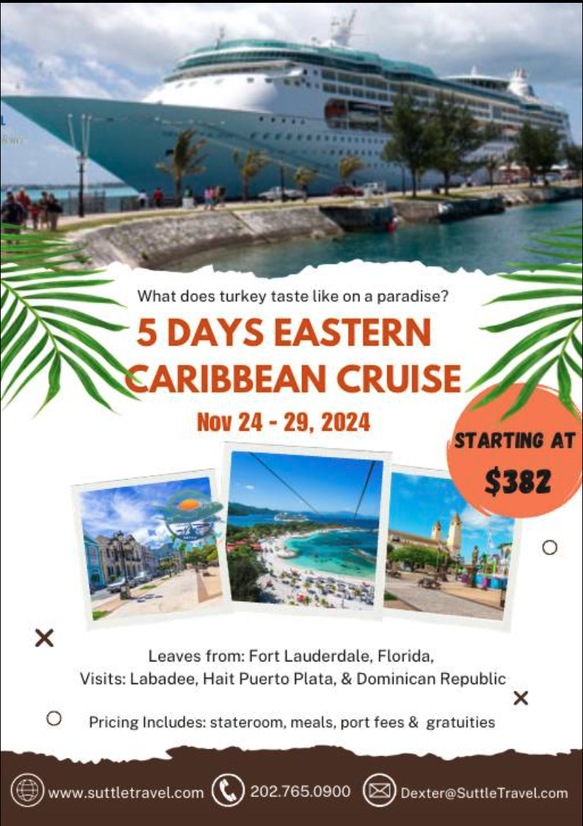 A cruise ship docked at port with palm trees and people walking nearby, promoting a 5-day Eastern Caribbean cruise from Fort Lauderdale in November 2024.