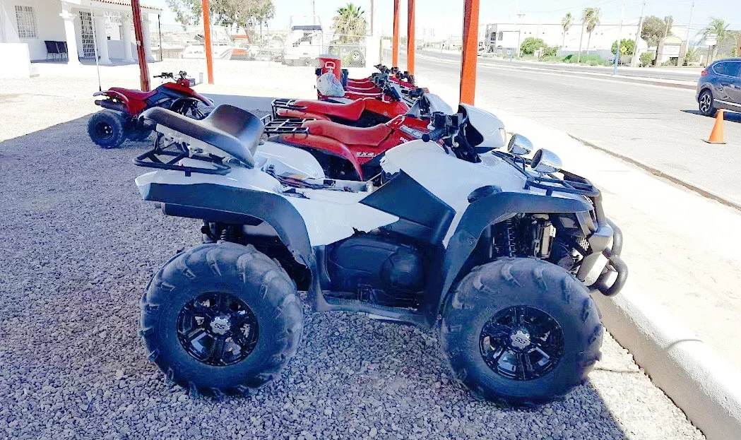 Several parked all-terrain vehicles (ATVs) on gravel, including white, red, and black colors, with a street and buildings in the background.