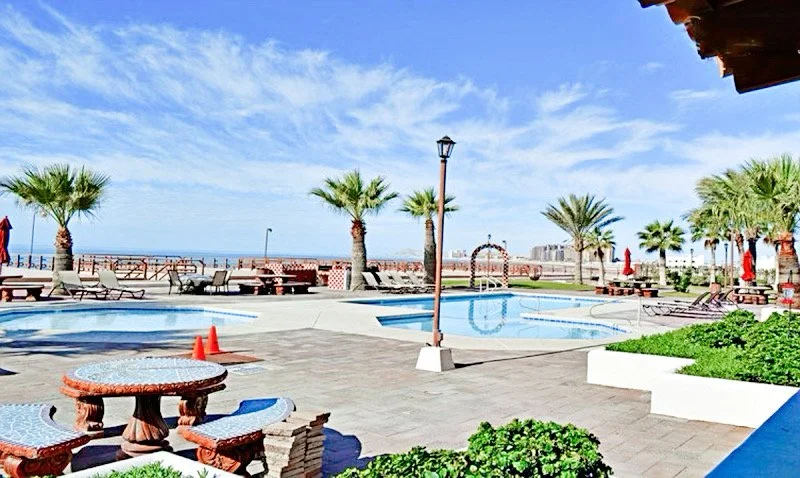 Poolside area with palm trees, tables, chairs, and umbrellas under a blue sky.