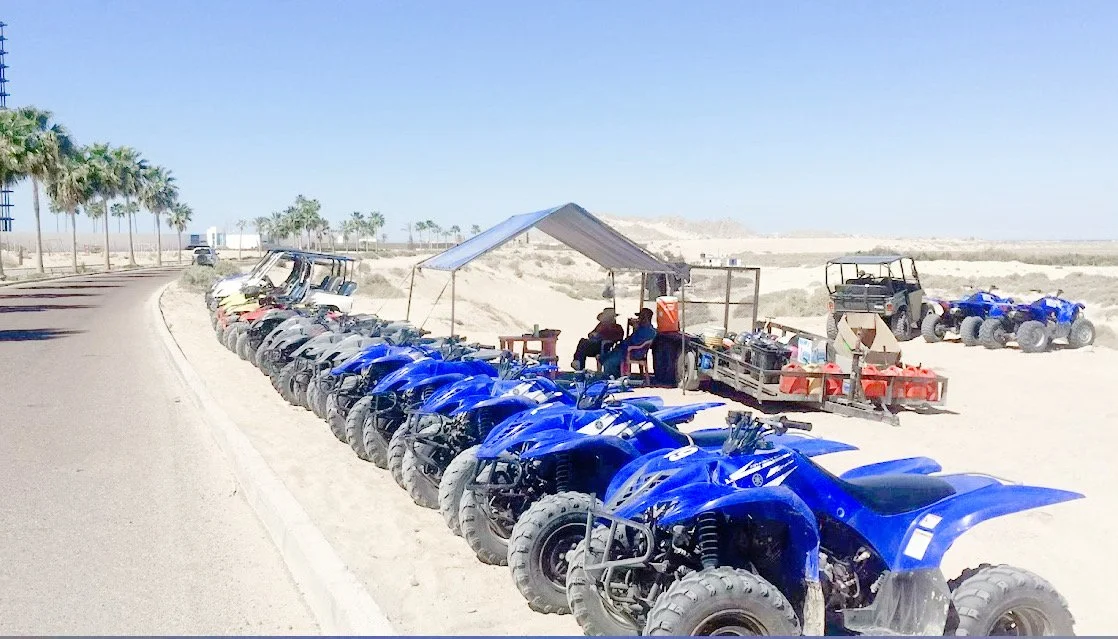 Row of blue ATVs parked on sandy terrain next to a road lined with palm trees, with a small shaded area and people sitting under it.
