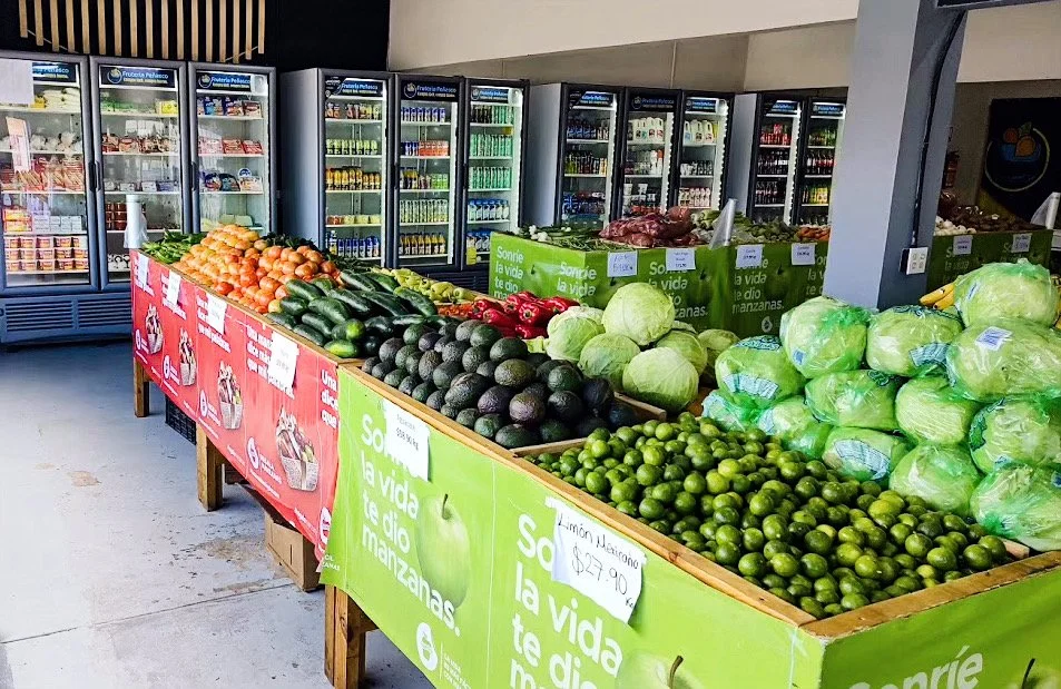 Grocery store produce section with avocados, limes, cucumbers, tomatoes, and cabbages, alongside refrigerators containing various products.