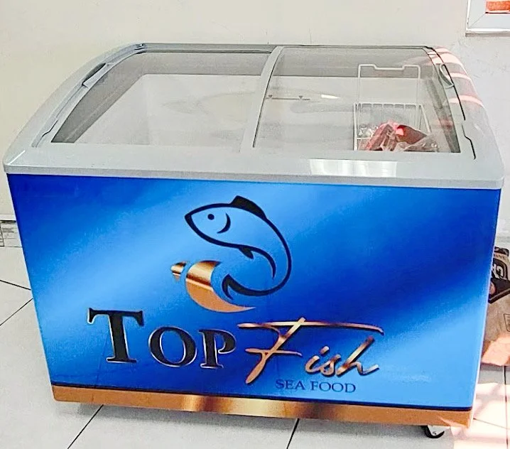 Blue freezer with Top Fish Sea Food branding, displaying fish logo with sliding glass top.