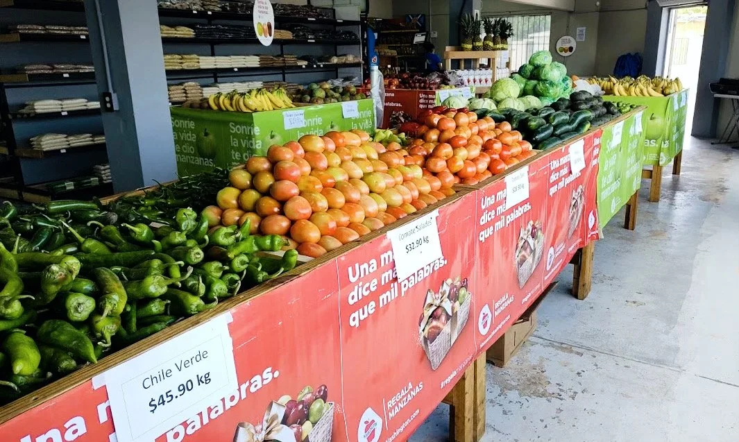 A grocery store produce section featuring a variety of fresh fruits and vegetables, including green peppers, tomatoes, cucumbers, bananas, and cabbages displayed on wooden tables. Price tags and colorful banners are visible on the tables.