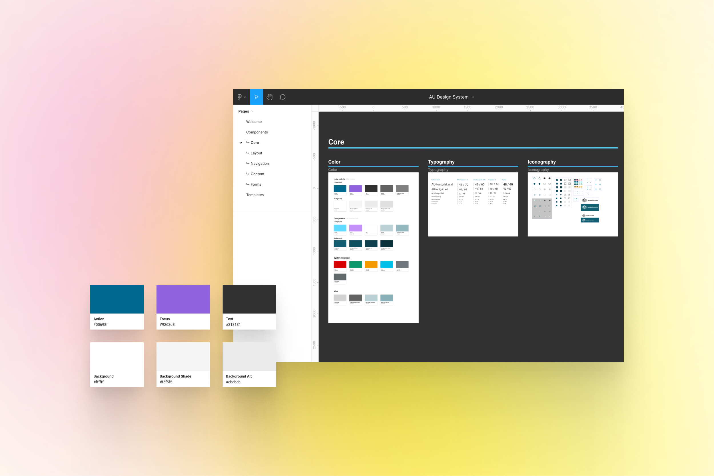 A figma Design System asset library with 20+ components and templates