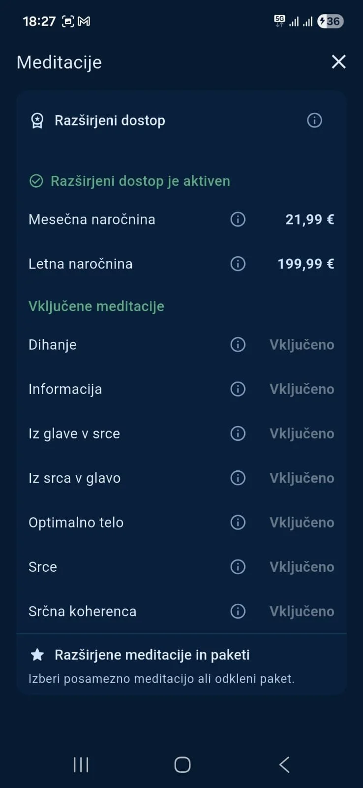Mobile app screen displaying meditation subscription options in Slovenian, including monthly and annual plans, with various meditation packages such as breathing, heart, and brain meditations.