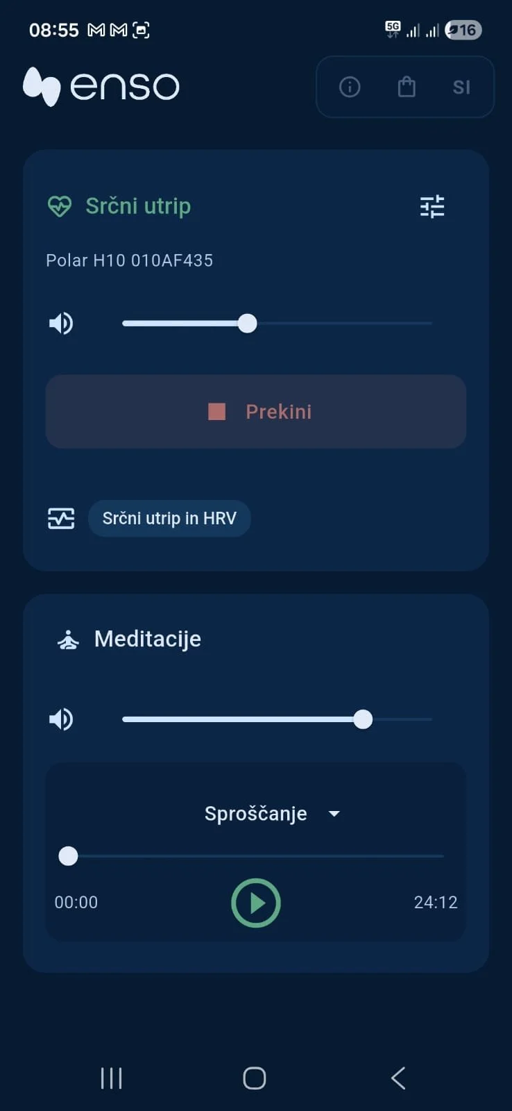 Screenshot of a mobile app interface named Enso displaying heart rate and meditation session controls, with a dark blue background.