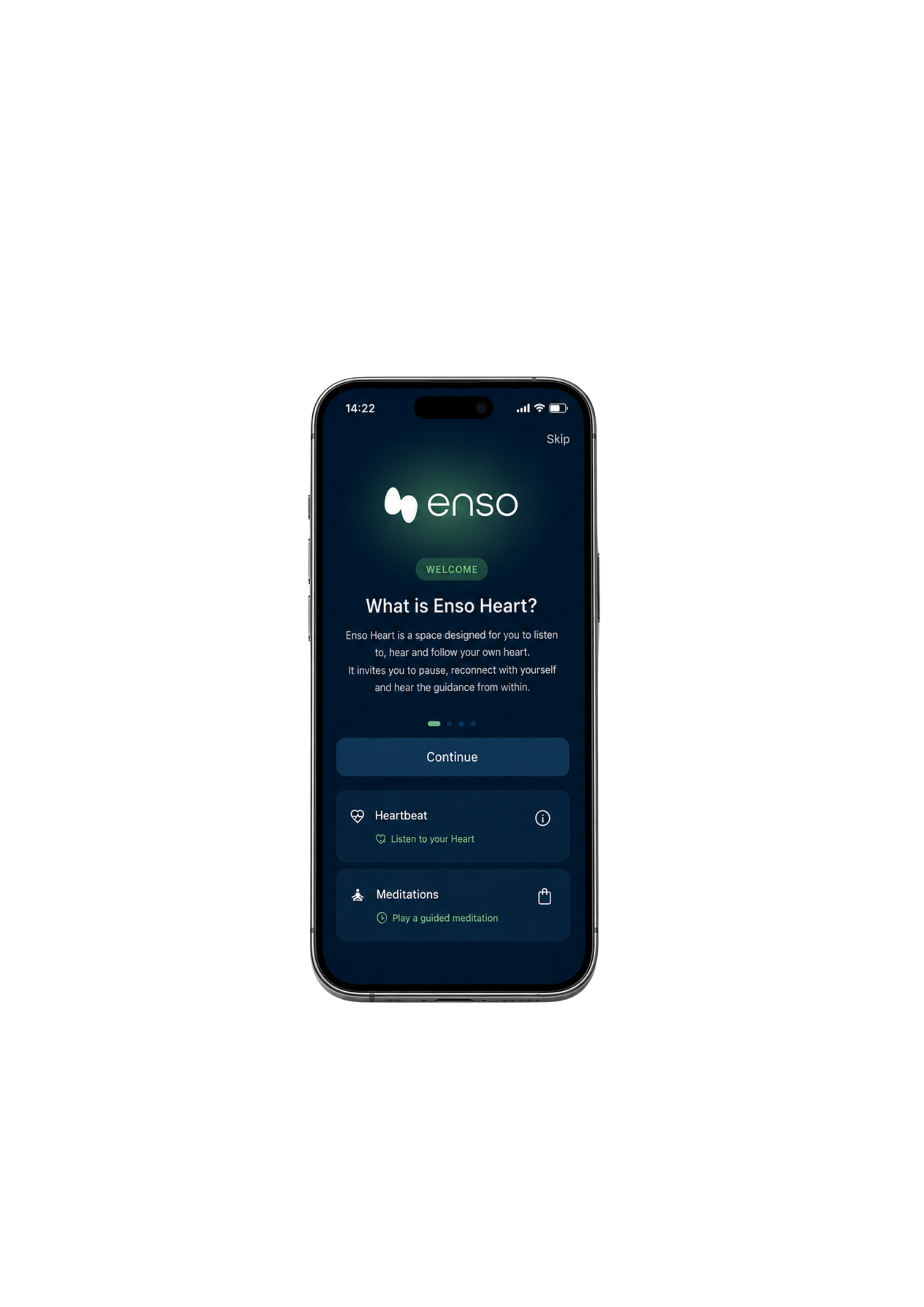 Smartphone screen displaying the Enso app interface with a welcome message, a section for listening to the heart, and a guided meditation option.