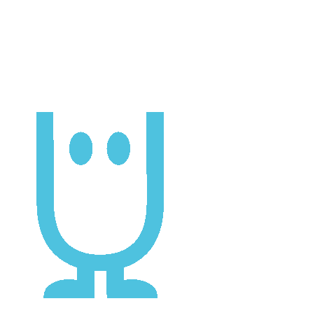 Blue background with a simplistic smiley face icon.
