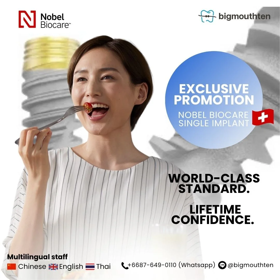 A woman smiling and eating with a fork in front of a background of stacked dental implants. Text promoting Nobel Biocare single implant with the message 'World-class standard and lifetime confidence', and logos for Nobel Biocare and bigmouthten. Cont