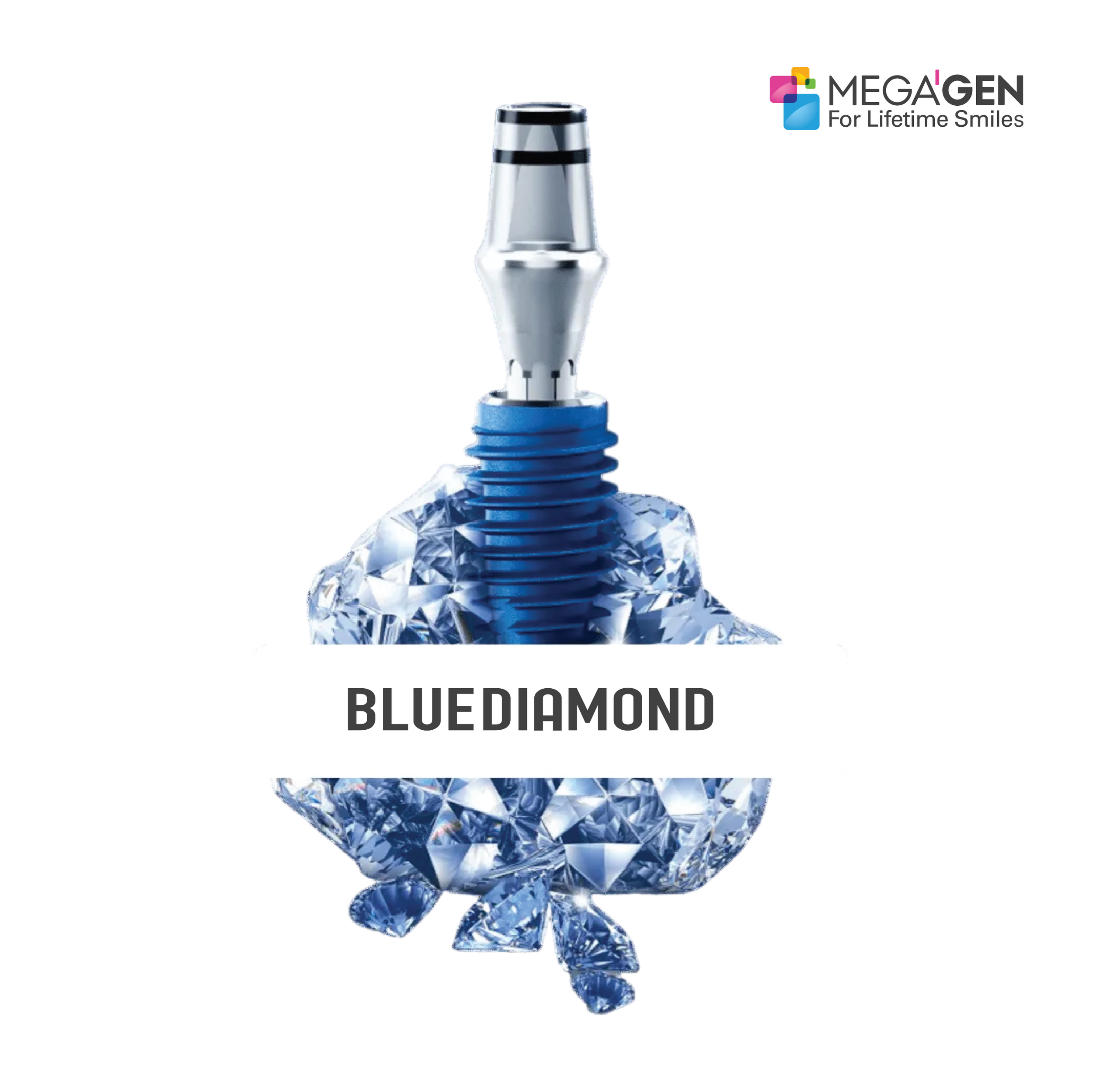 A dental implant made of a blue diamond sits on a bed of ice, with a metal abutment extending upward from the implant. The top right corner features the MegaGen logo and the words "For Lifetime Smiles." The bottom overlay text reads "BLUEDIAMOND."