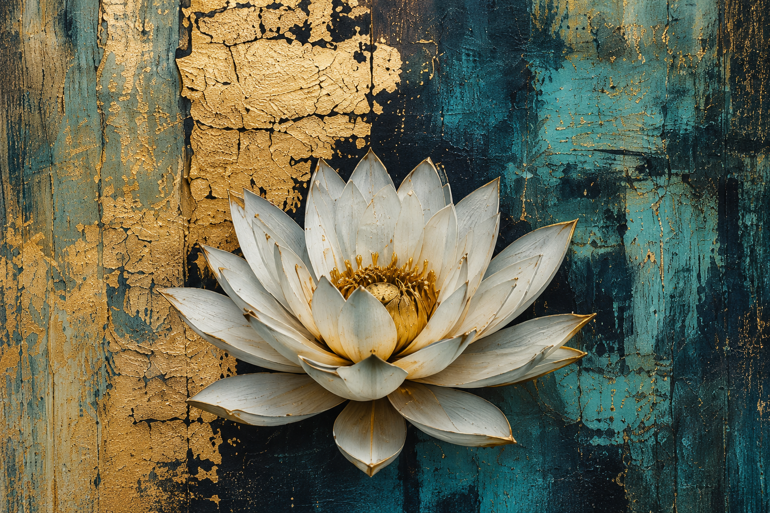 A pink and white water lily flower floating on a dark water pond, surrounded by green lily pads.
