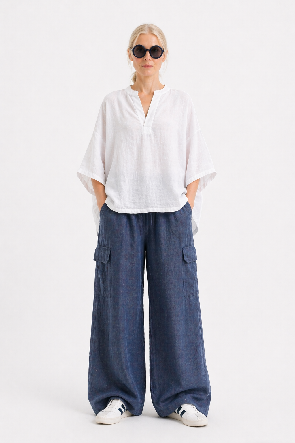 Weite Bluse aus gewaschenem Leinen Art. 126B04 WHITE