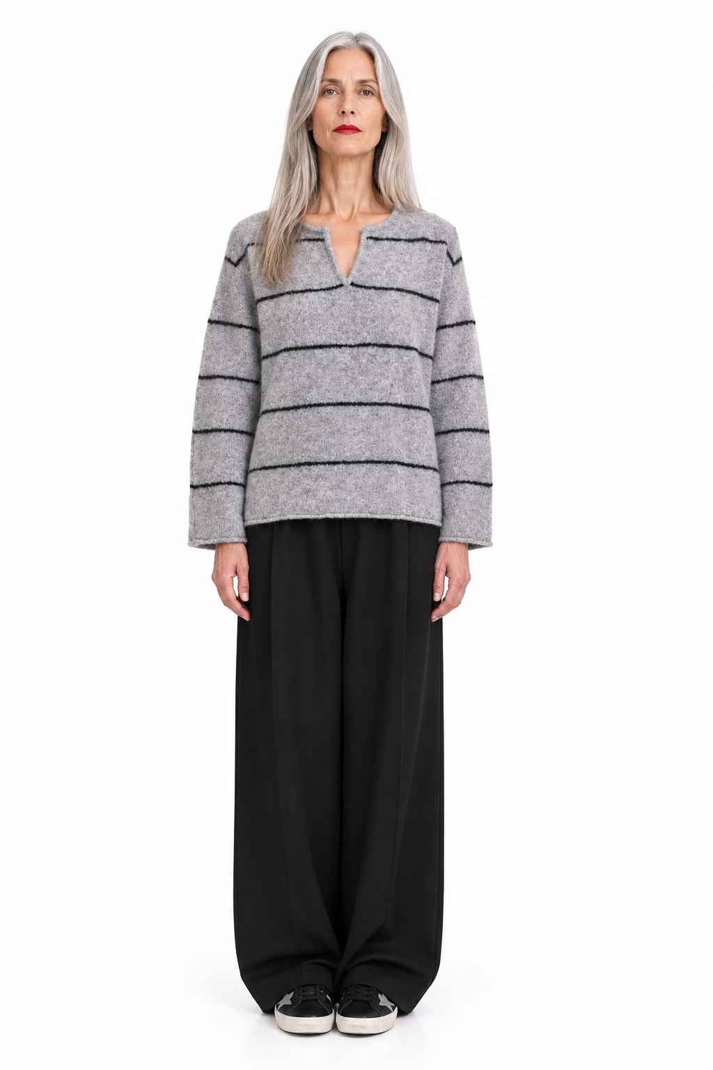 225P25 Lässiger Bouclé Pullover mit Ringel in Grey-Nero
