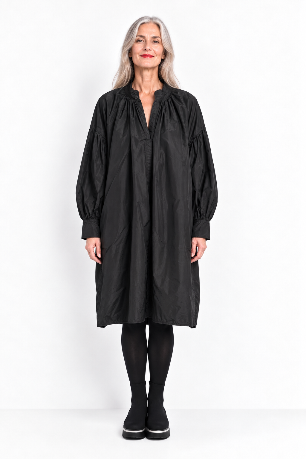 225K02 Weites BoHo Kleid "LIGHT TAFFETA" NERO