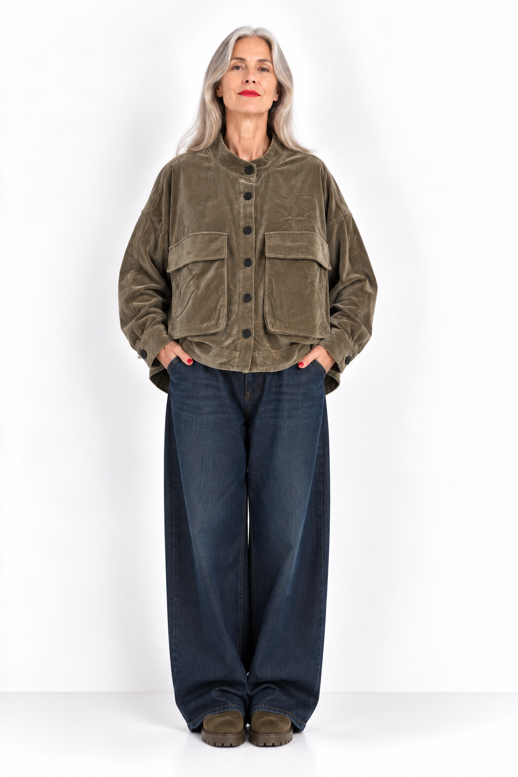 226J09 Coole gewaschene Samt Jacke im Vintage Look STONE