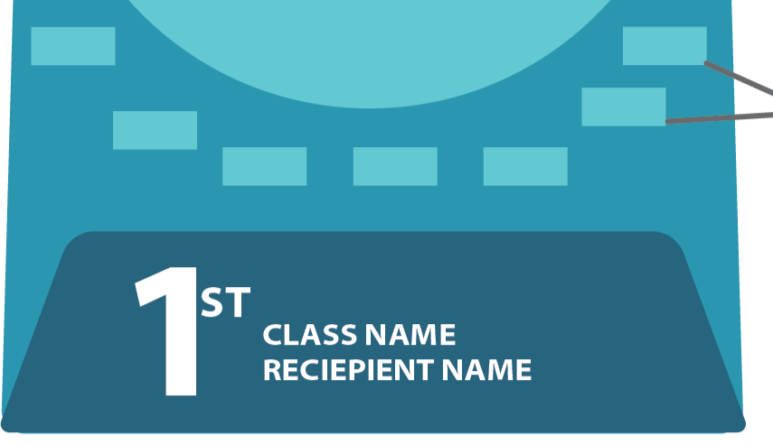 Illustration of a robotic trophy with a display board indicating first place, class name, and recipient's name.