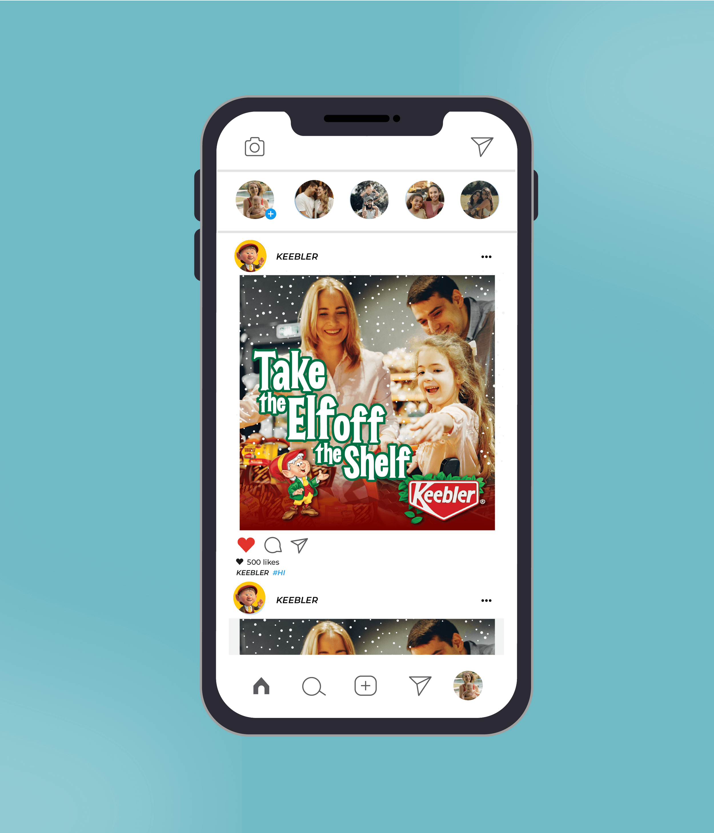 Social media post on a smartphone screen showing a Christmas-themed advertisement for Keebler, featuring a family and elves, with the slogan 'Take the Elf off the Shelf'.