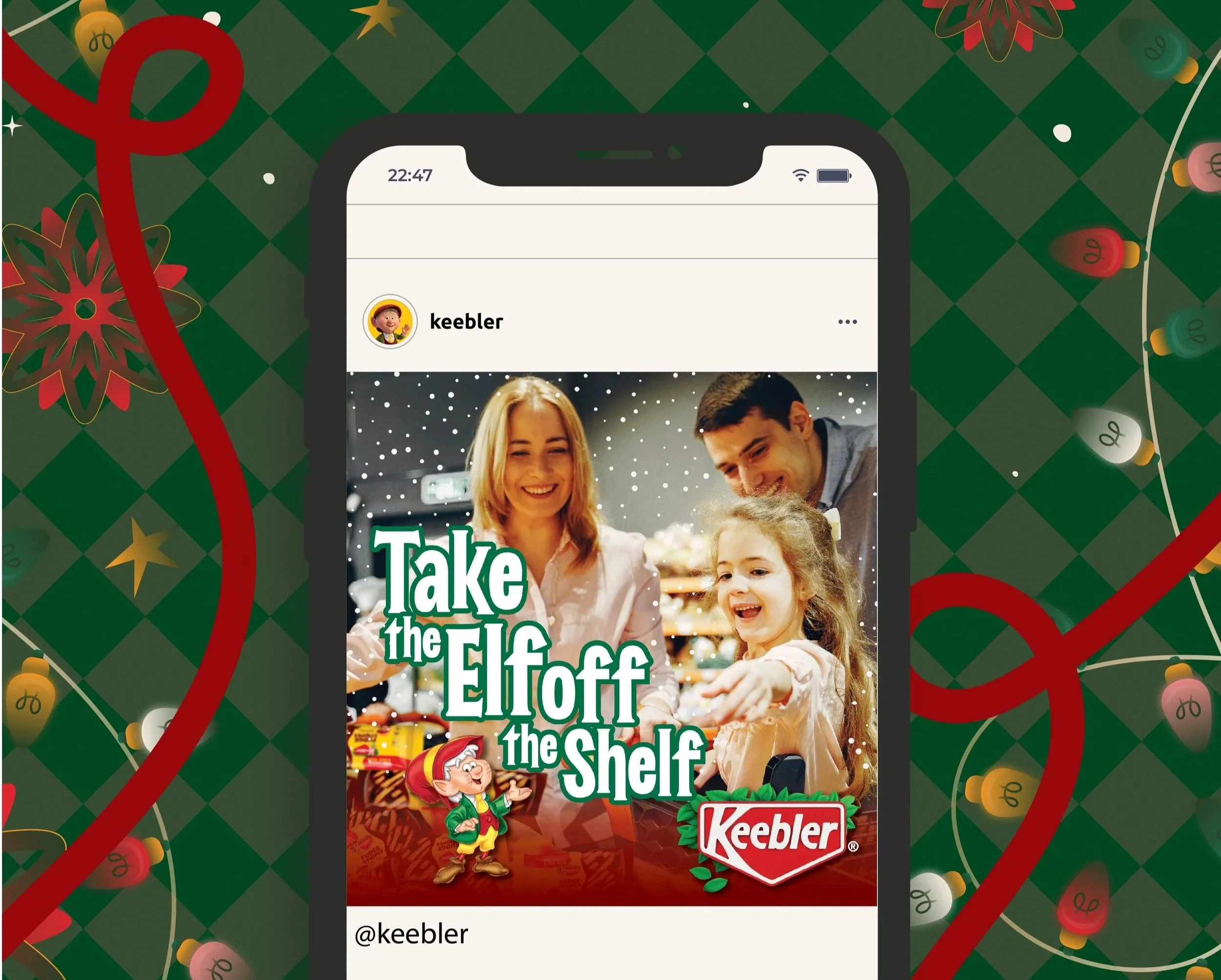 A holiday-themed social media post on a phone screen with a family smiling together. The image includes animated Santa's elf, festive snow, and Christmas decorations with the text "Take the Elf off the Shelf" and the Keeebler logo.