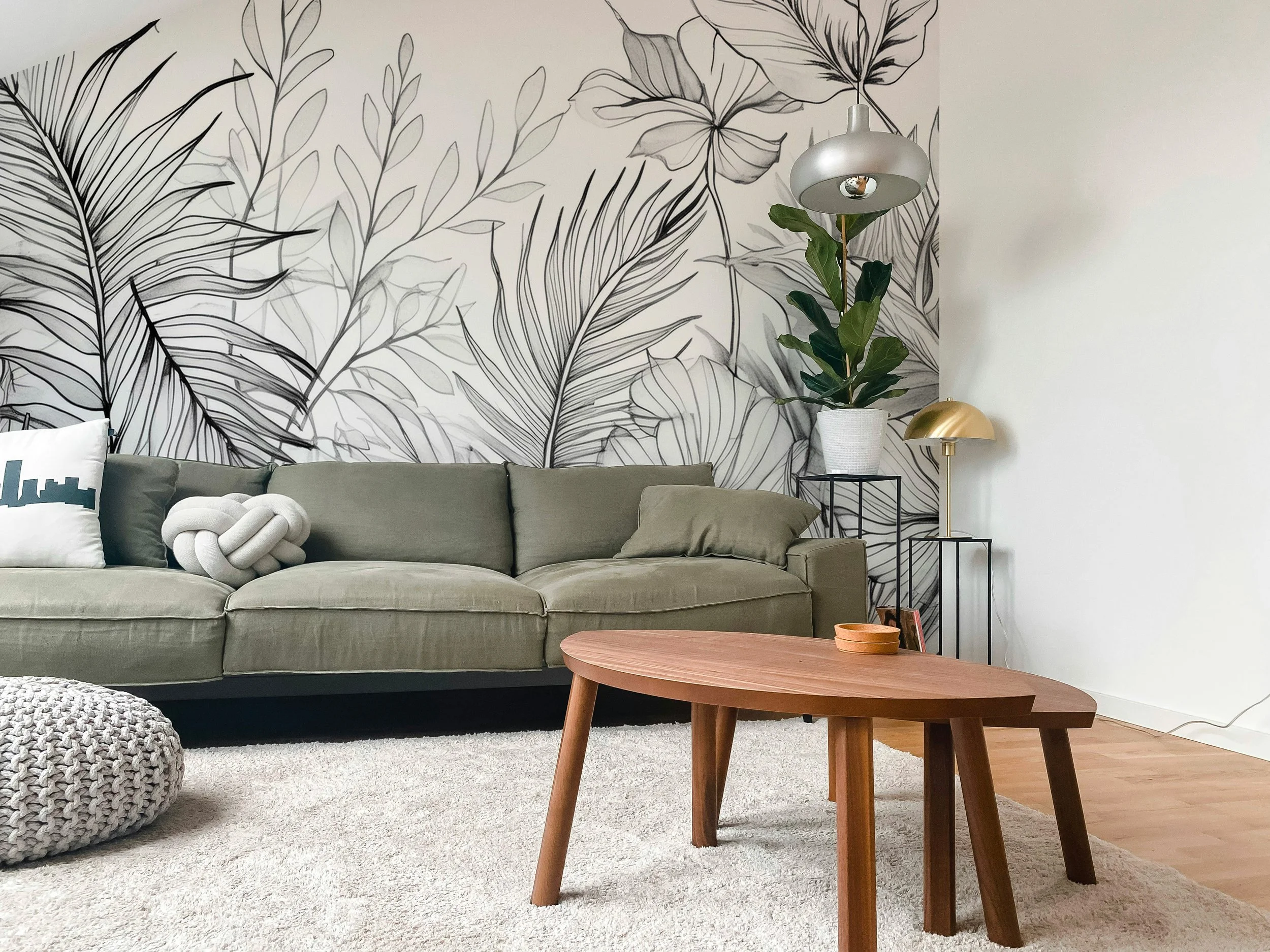 Papier peint végétal en noir et blanc 