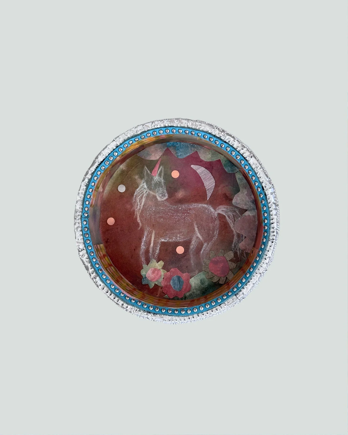 Unicorn Portal

Mixed media collage on board
with repurposed metal frame, metal &amp; studs
150mm diameter 

Heaven + Home Exhibition
Apollo Bay Gallery 
3&ndash;8 April, 10am&ndash;4pm daily

Opening Night Celebration 
Friday 3 April, 4.30&ndash;6.3