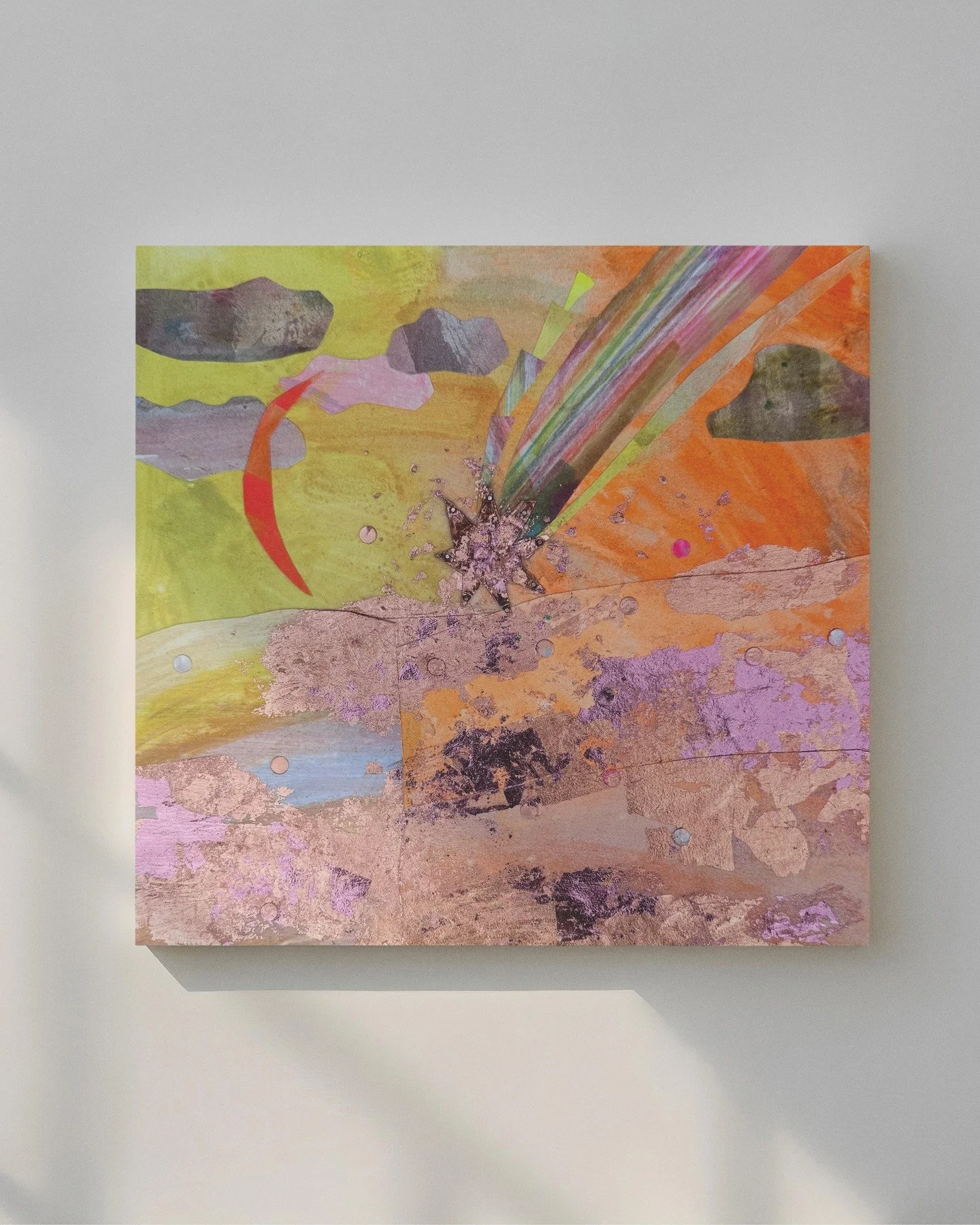 Where Wishes Fall
 Mixed media collage on board with copper and aluminium
255 x 255mm 

Heaven + Home Exhibition
@apollo_bay_arts_inc_gallery 
3&ndash;8 April, 10am&ndash;4pm daily