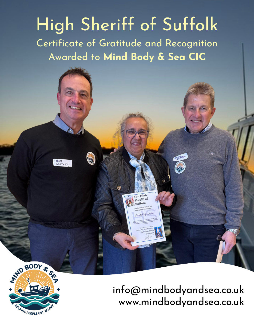 High Sheriff of Suffolk awards Mind Body &amp; Sea CIC with Certificate of Gratitude and Recognition