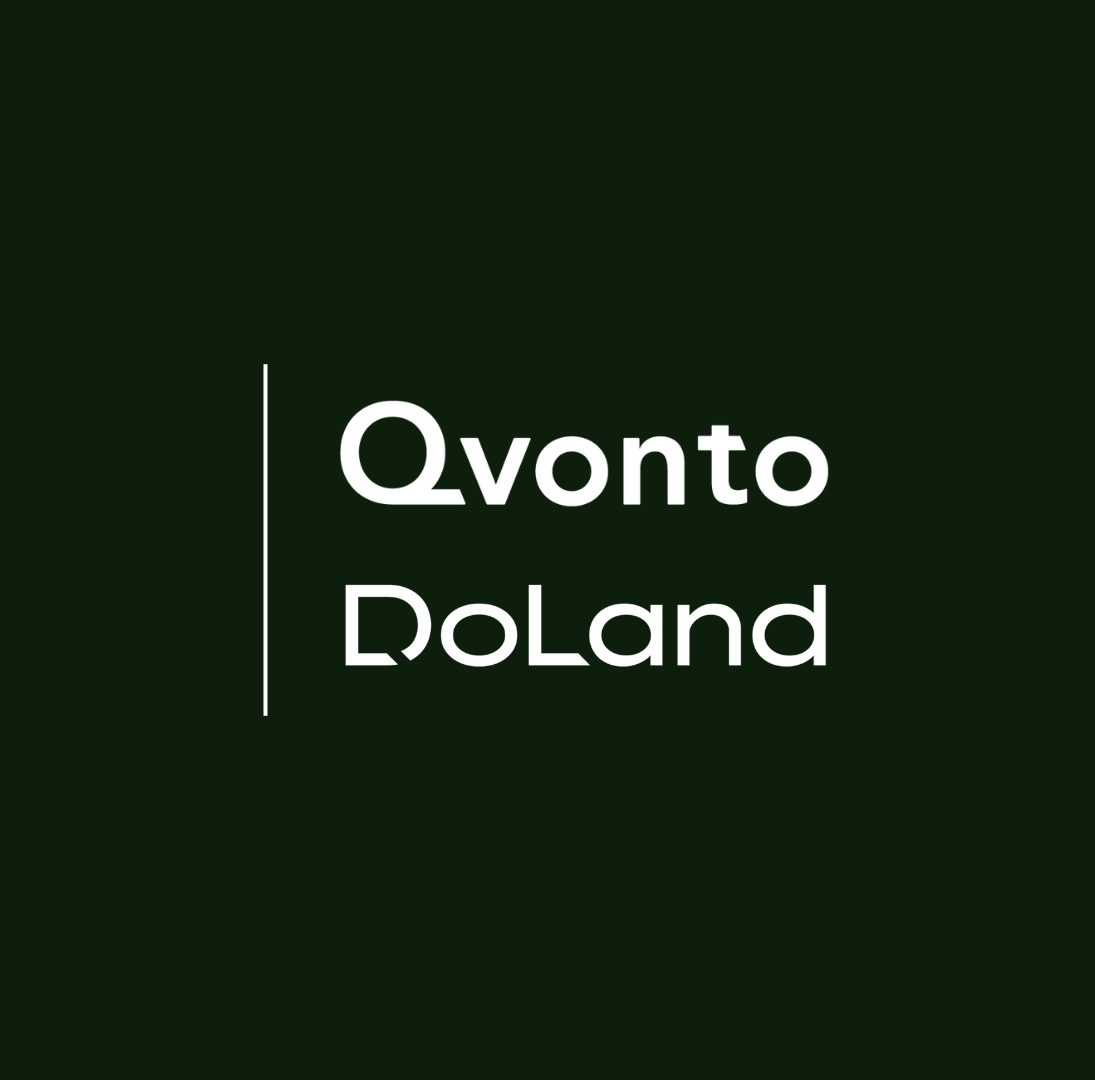 Logo with text "Qvonto DoLand" on a dark background.