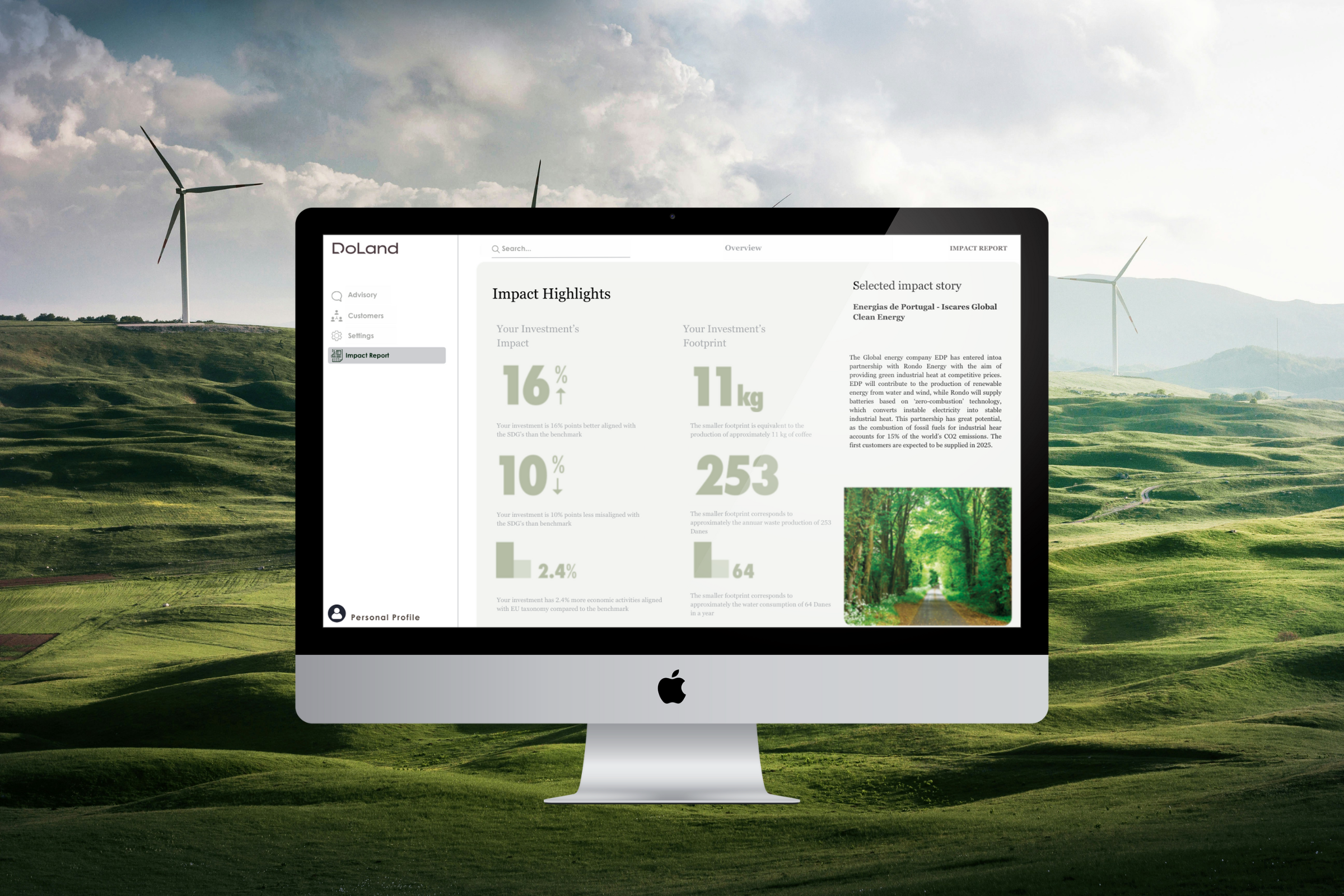 A computer monitor displaying an impact report webpage with graphs and text, set against a background of wind turbines and grassy hills.