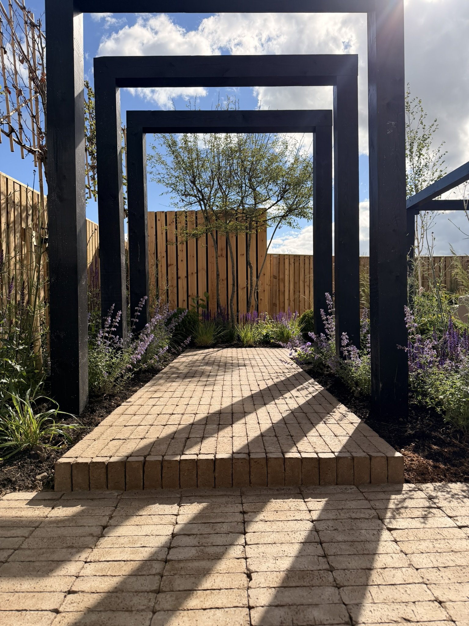 black timber frames over walkway forming contemporary arches
