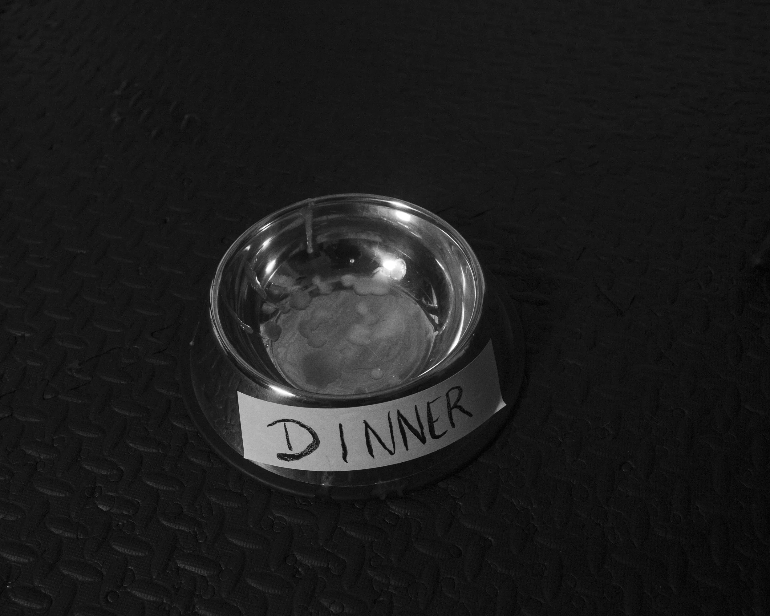 A clear glass bowl filled with water sits on a black textured surface, with a handwritten sign labeled 'Dinner' placed underneath the bowl.
