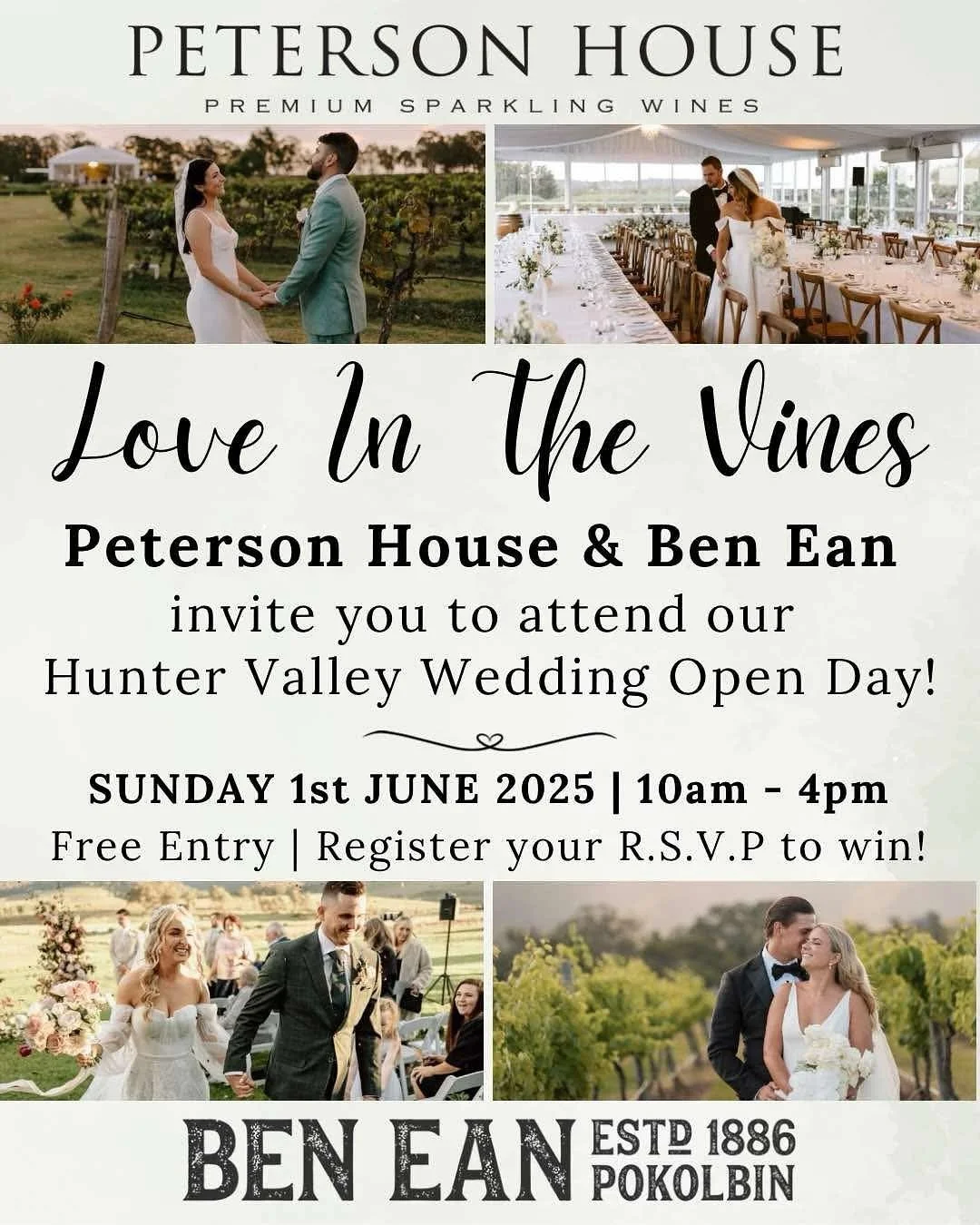 Peterson House & Ben Ean are hosting a spectacular Wedding Open Day, Sunday 1st June 2025, from 10am – 4pm! 💍🌿
Dreaming of a romantic vineyard wedding in the heart of the Hunter Valley? Love in the Vines is your exclusive opportunity to