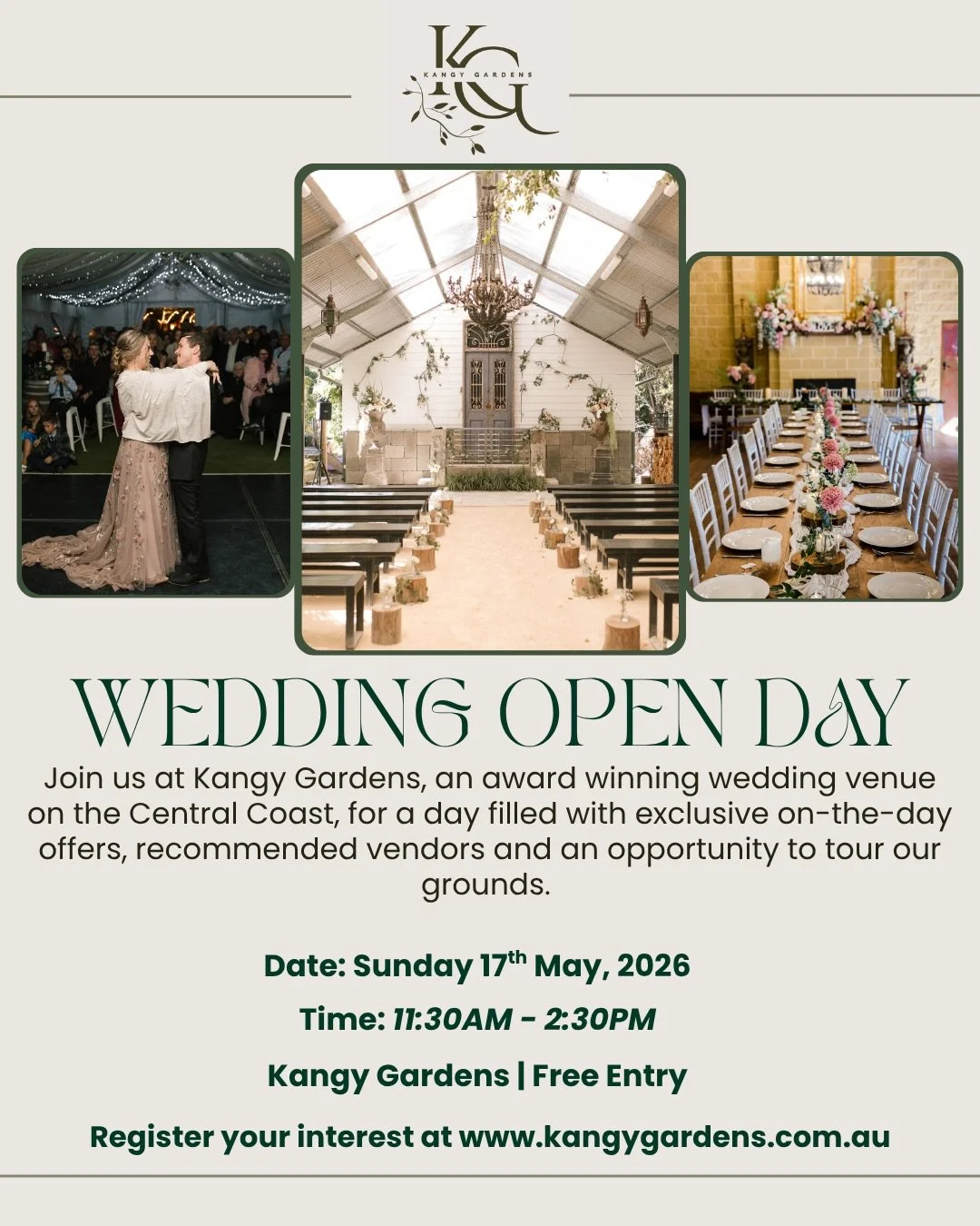 Come say HELLO 👋 &amp; chat all things weddings with me! 💍 

This Sunday 17th May @kangy_gardens are hosting their Wedding Open day from 11:30am - 2:30pm! 

You&rsquo;ll get FREE ENTRY, an awesome group of vendors to meet &amp; chat with &amp; the 