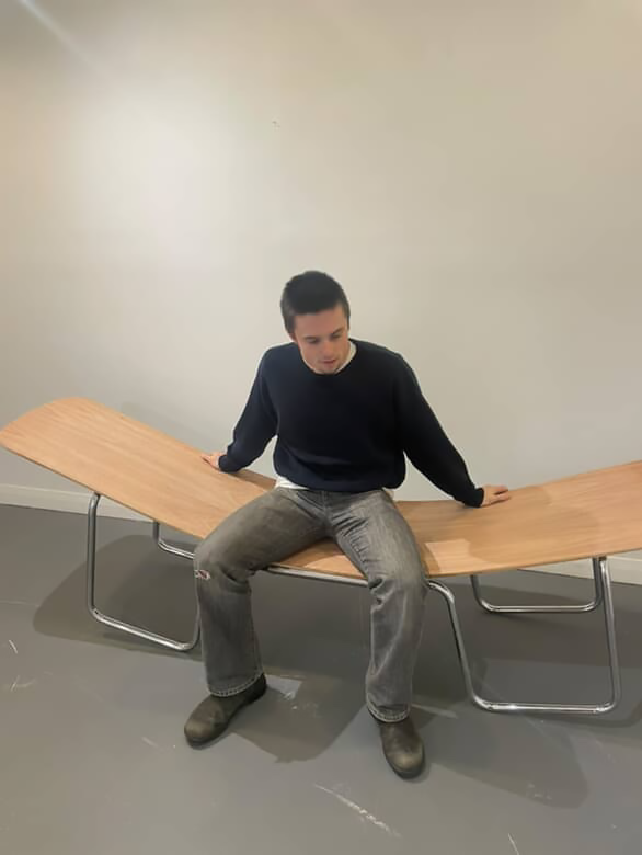 Me on the 'Cesca Bench' (2025), 2 Cesca Chair frames, Found ply and veneer, brushed steel, steel fixings