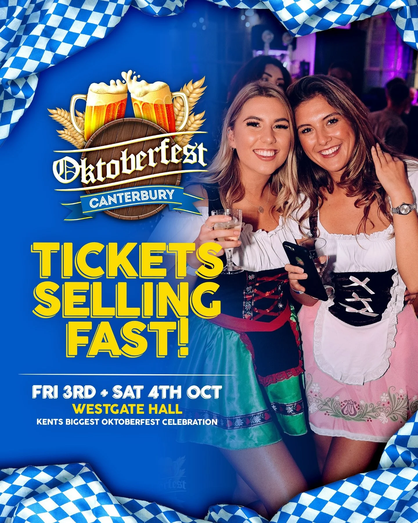 TICKETS SELLING FAST! 🚨
Kent’s biggest Bavarian celebration returns to Westgate Hall on Friday 3rd & Saturday 4th October!
Expect steins, street food, live brass, DJs, and a proper Oktoberfest knees-up 👀
3 sessions to choose from&hell
