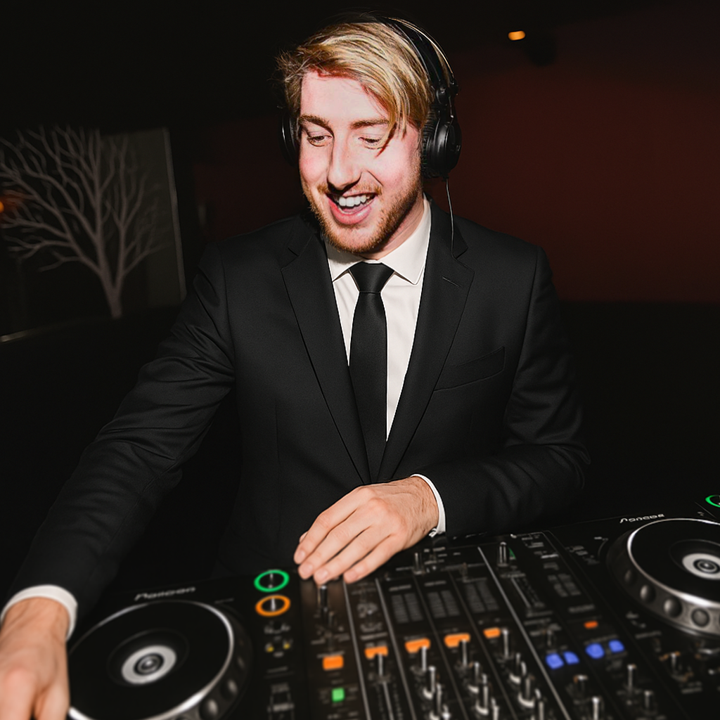 A man in a black suit and tie, wearing headphones, standing behind DJ equipment at a party or event, smiling while adjusting the controls.