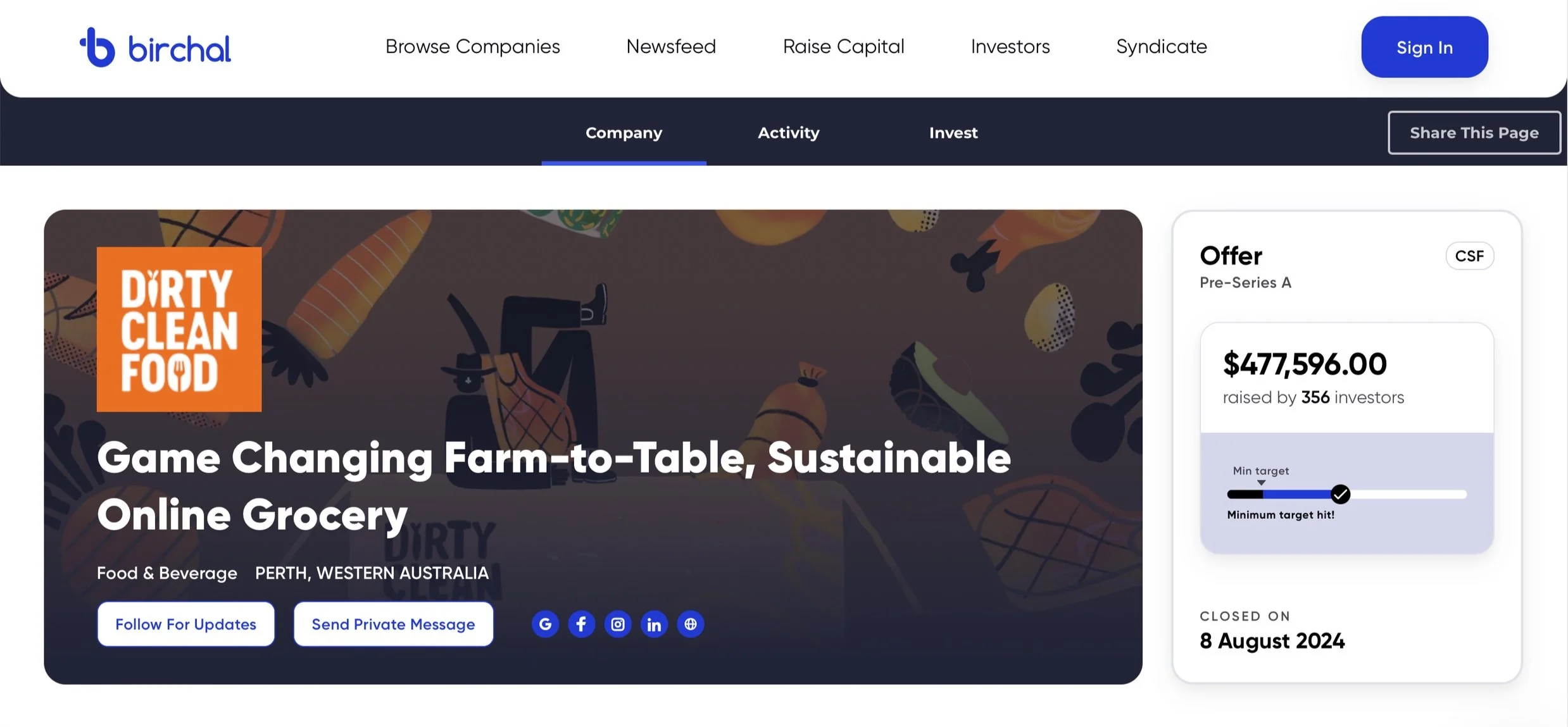 Screenshot of Birchal crowdfunding platform showcasing a food-related investment opportunity titled "Dirty Clean Food," described as a game-changing farm-to-table, sustainable online grocery based in Perth, Western Australia. The page includes a fundraising goal of $477,596, raised by 356 investors, with a close date of August 8, 2024, and features options to follow updates, send a private message, and share on social media.