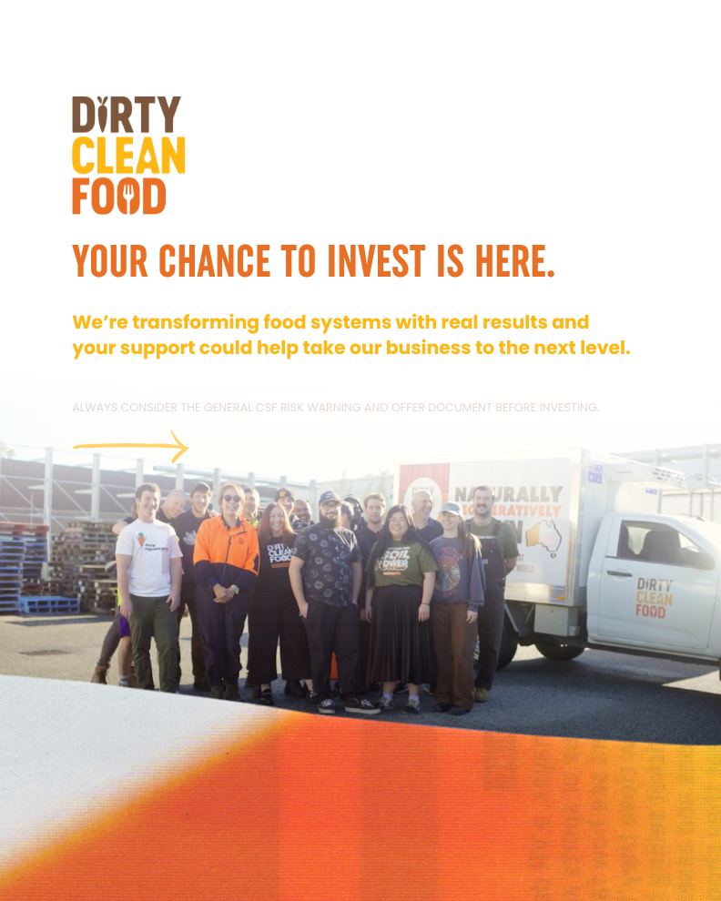 A group of people standing in front of a truck with a logo that reads 'Dirty Clean Food'. The truck has a message that is partially visible: 'NATURALLY, CERTIFIED'. The people are outdoors on a sunny day, and some are smiling at the camera.