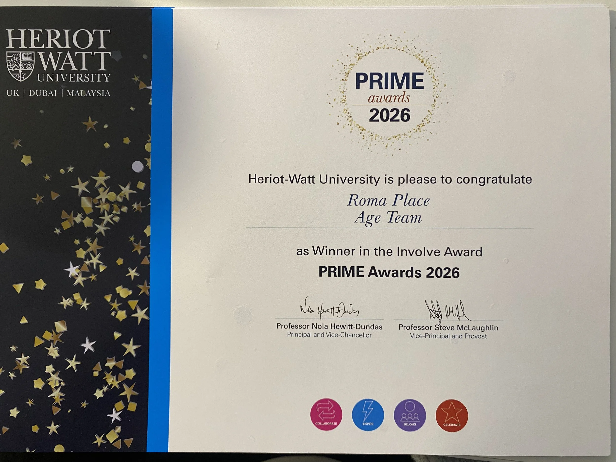 RomaPlaceAge receives Involve Award at Heriot-Watt University's PRIME Awards