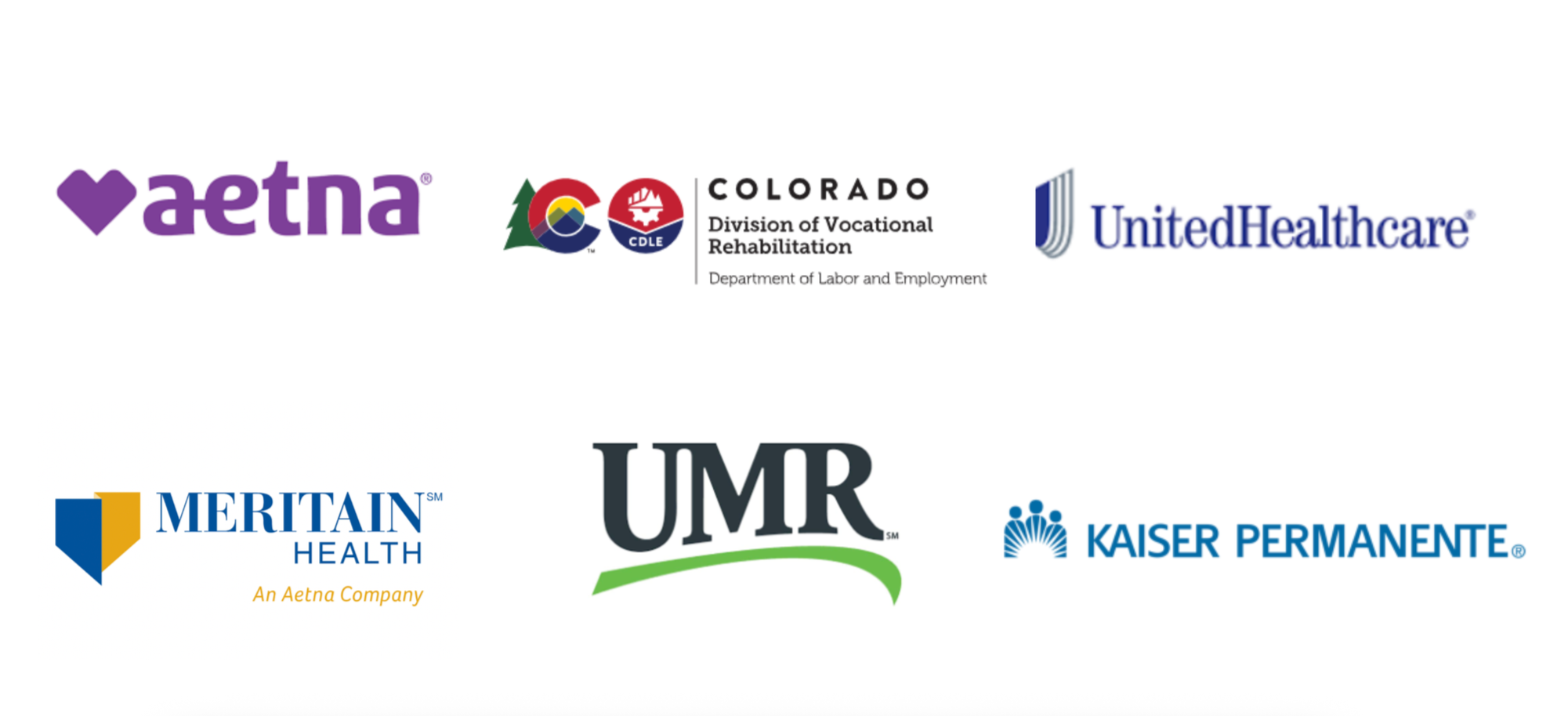 Logos of Aetna, Colorado Department of Vocational Rehabilitation, United Healthcare, Meritan Health, UMR, and Kaiser Permanente.