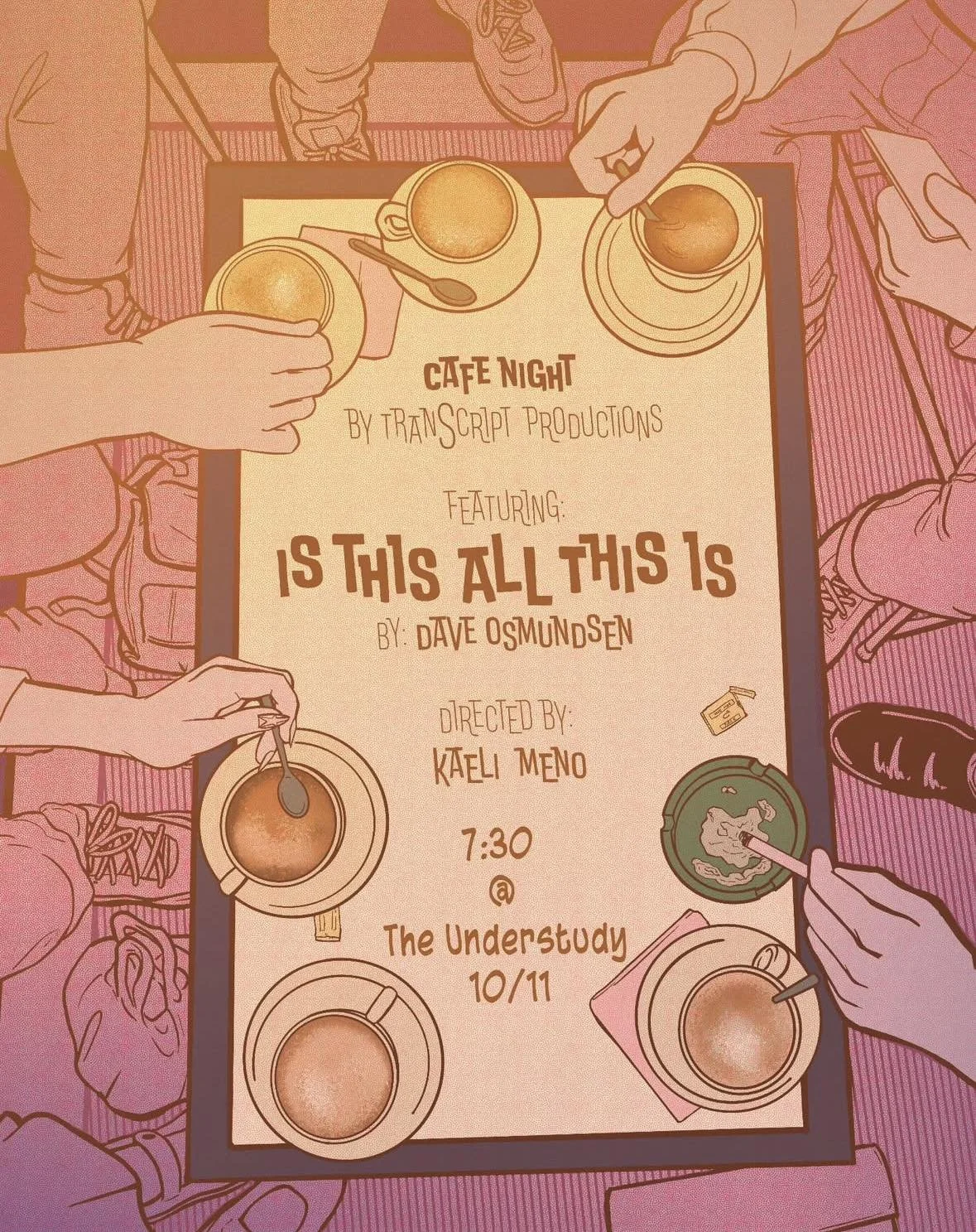 A group of people sitting around a table with coffee cups, a spoon, and a plate, looking at a poster for a café night event.