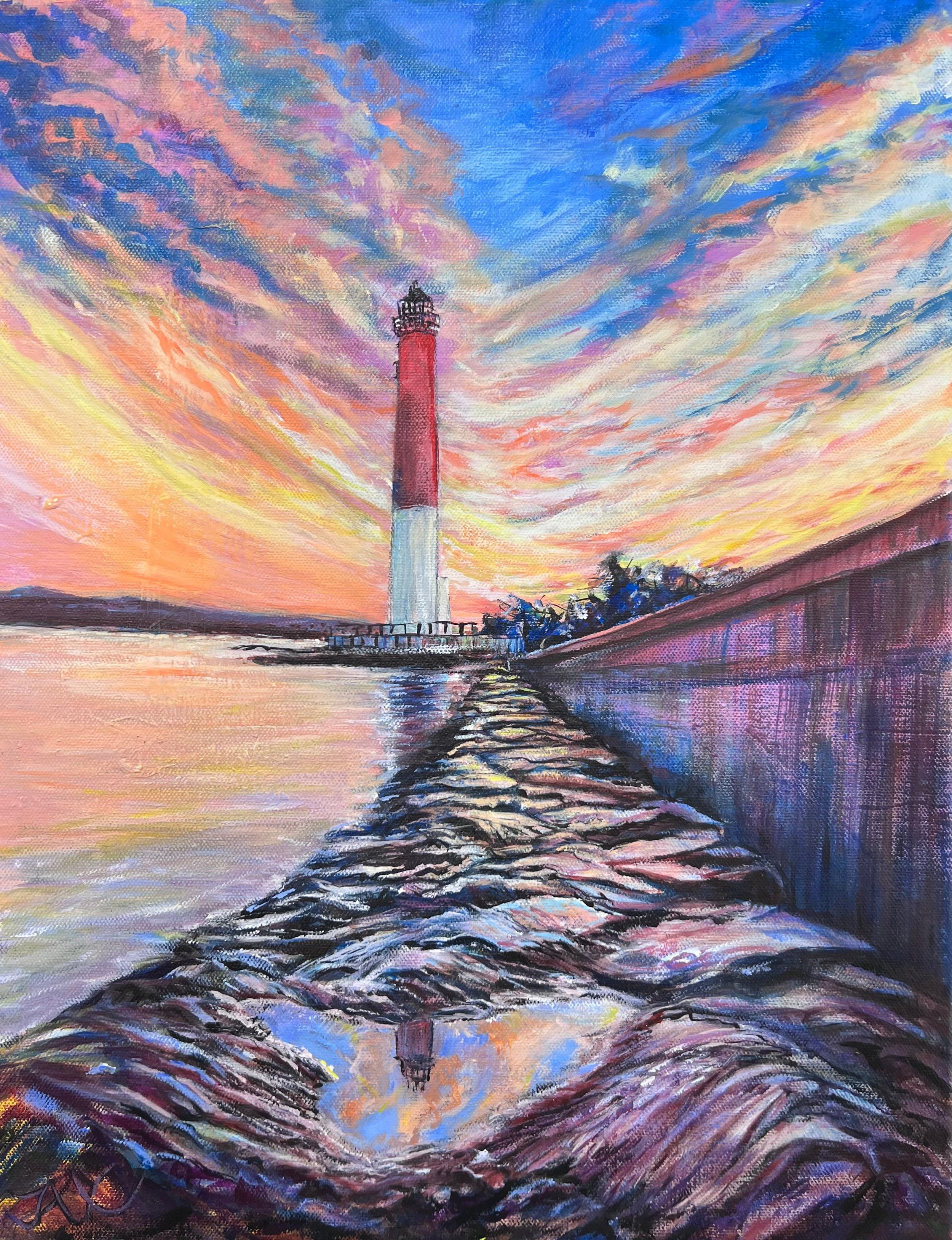 A colorful painting of a lighthouse along a waterfront with a sunset sky and rocky pathway reflecting in the water in Long Beach Island NJ.