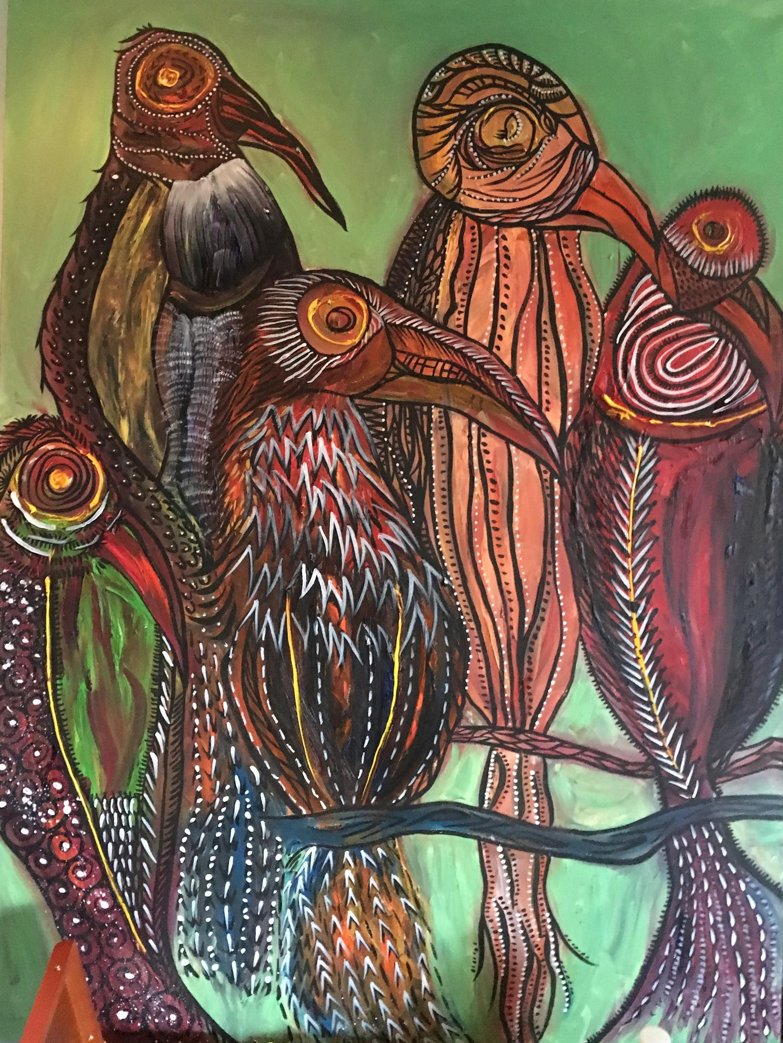 Jax Kwok, Five Angry Birds, Acrylic, 30W X 40H X 2D in (NFS)