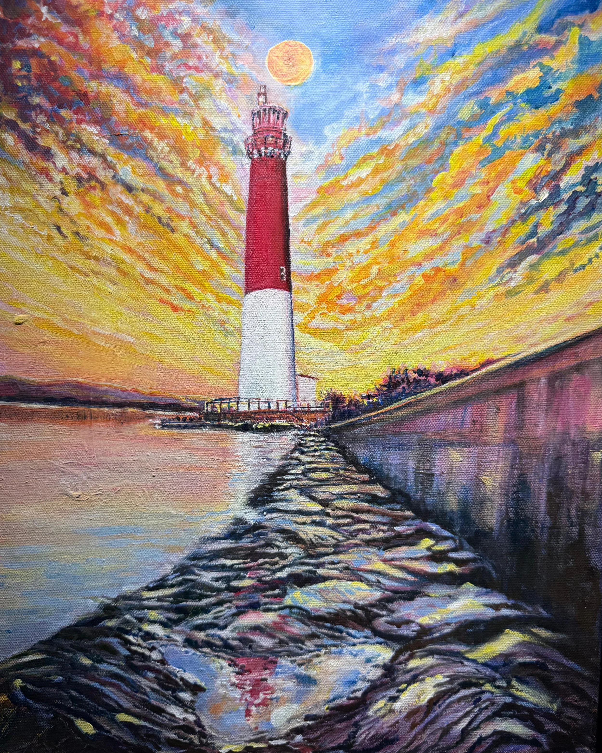 Jax Kwok, Strawberry Moon Lighthouse, Acrylic, 16X 20X 2, $350
