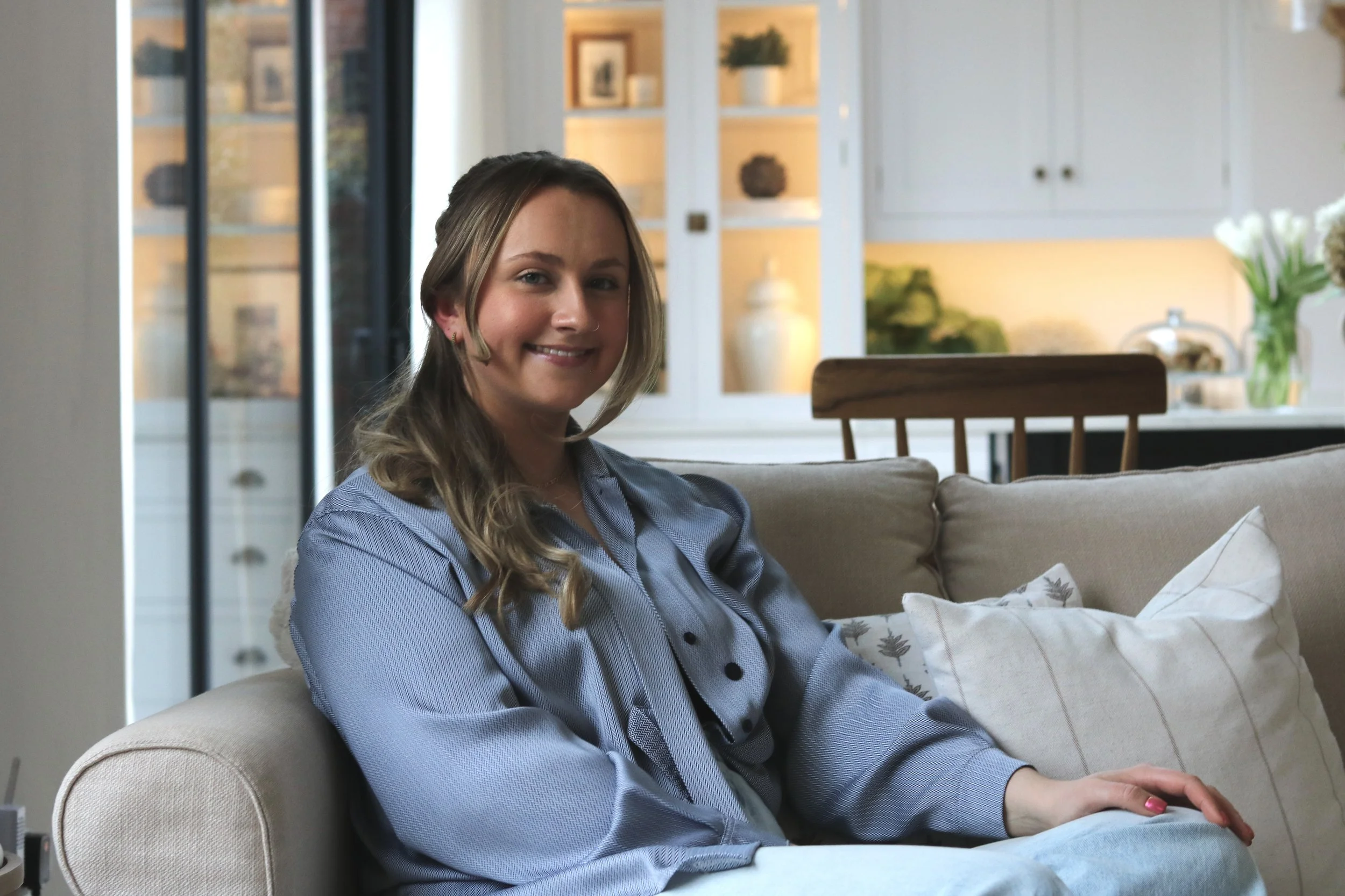 Portrait of Annika Webb, founder and creative director of Istigh Interiors, a luxury residential interior design studio based in Shropshire.