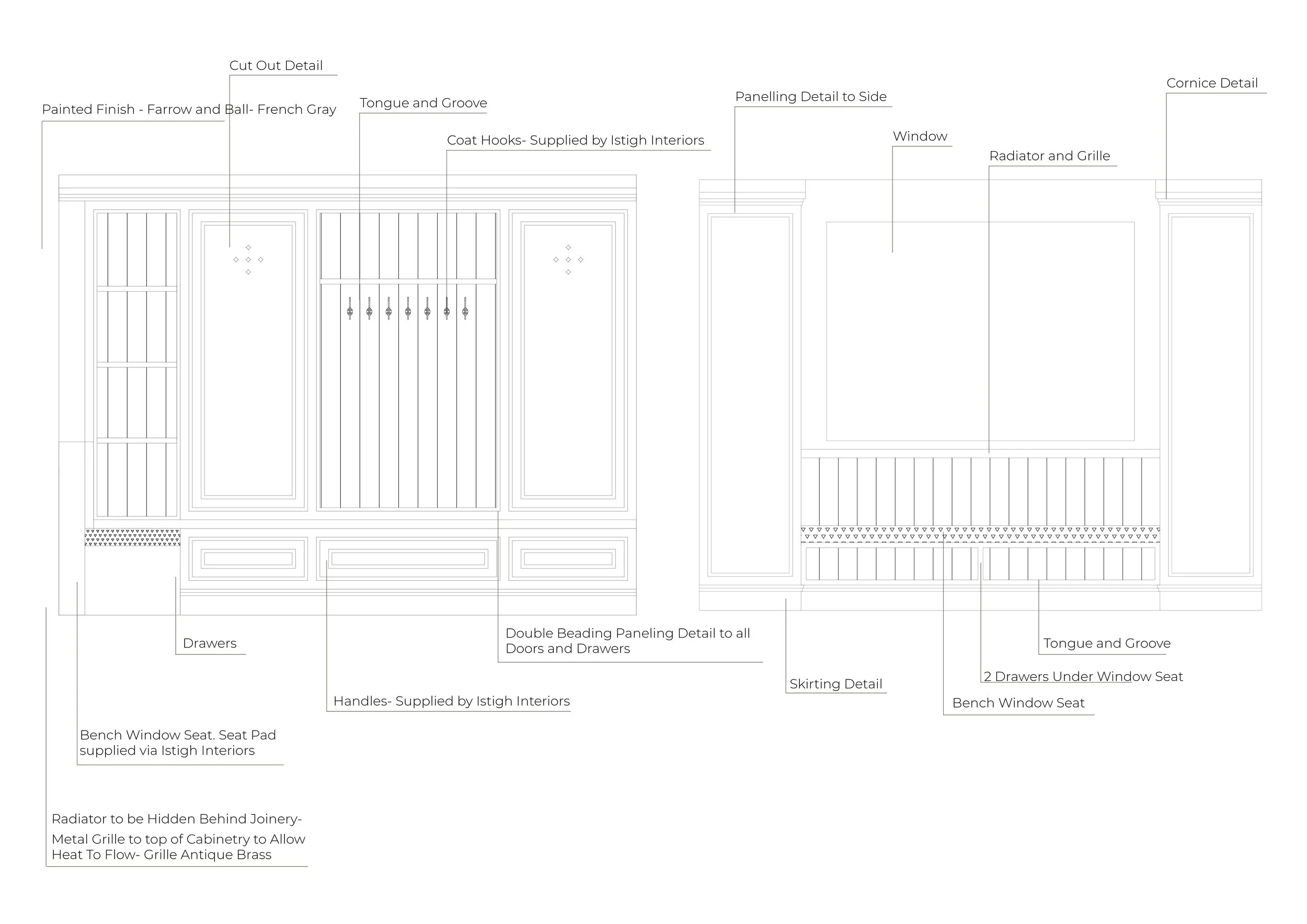 Technical elevation drawing of the bespoke boot room joinery designed for Project Orton, showing integrated storage, coat hanging, shoe shelving and cabinetry.