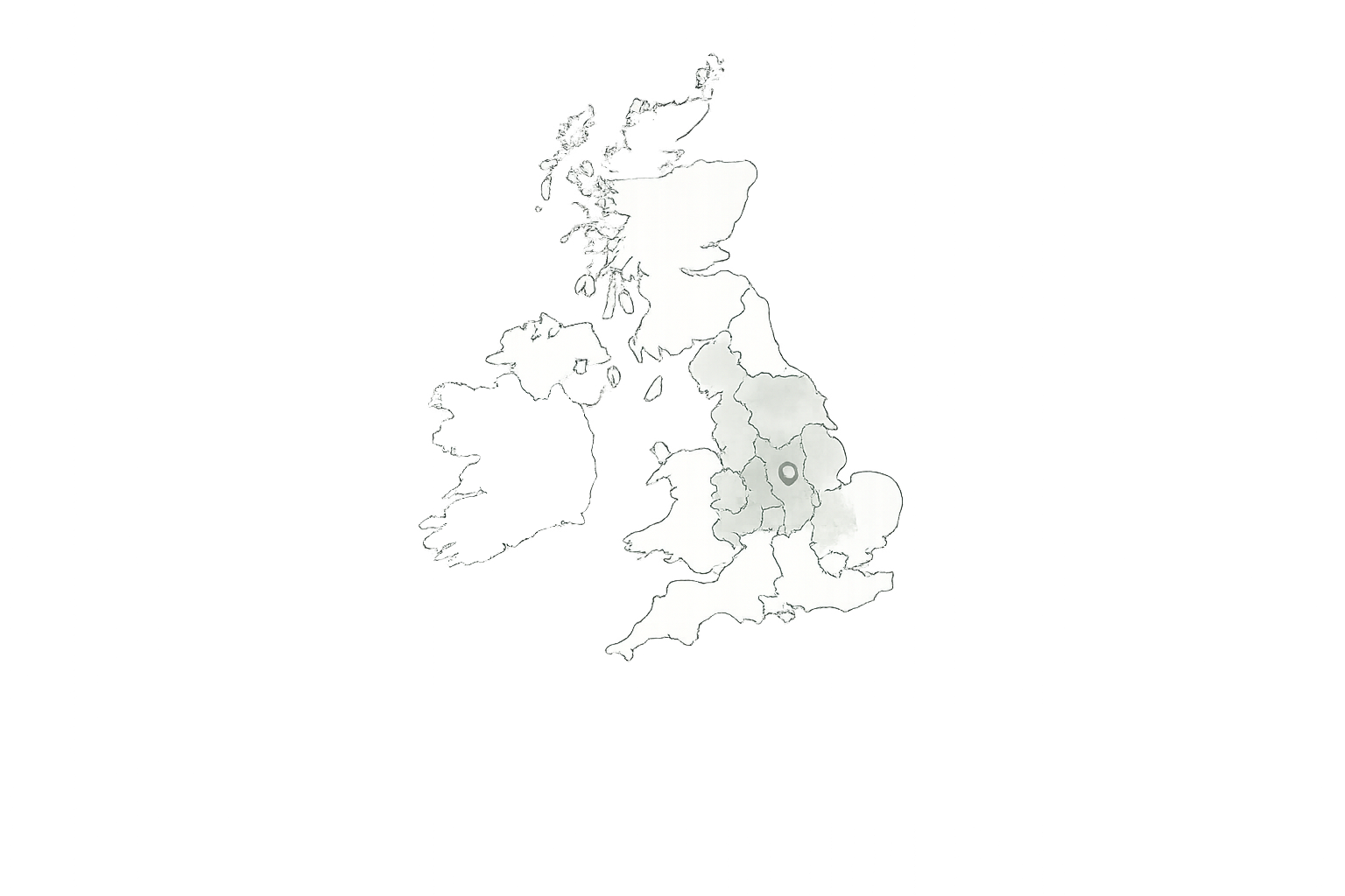 Map showing Istigh Interiors' core service areas across Shropshire, the West Midlands, Cheshire, Worcestershire, Herefordshire, North Wales and projects across the UK.