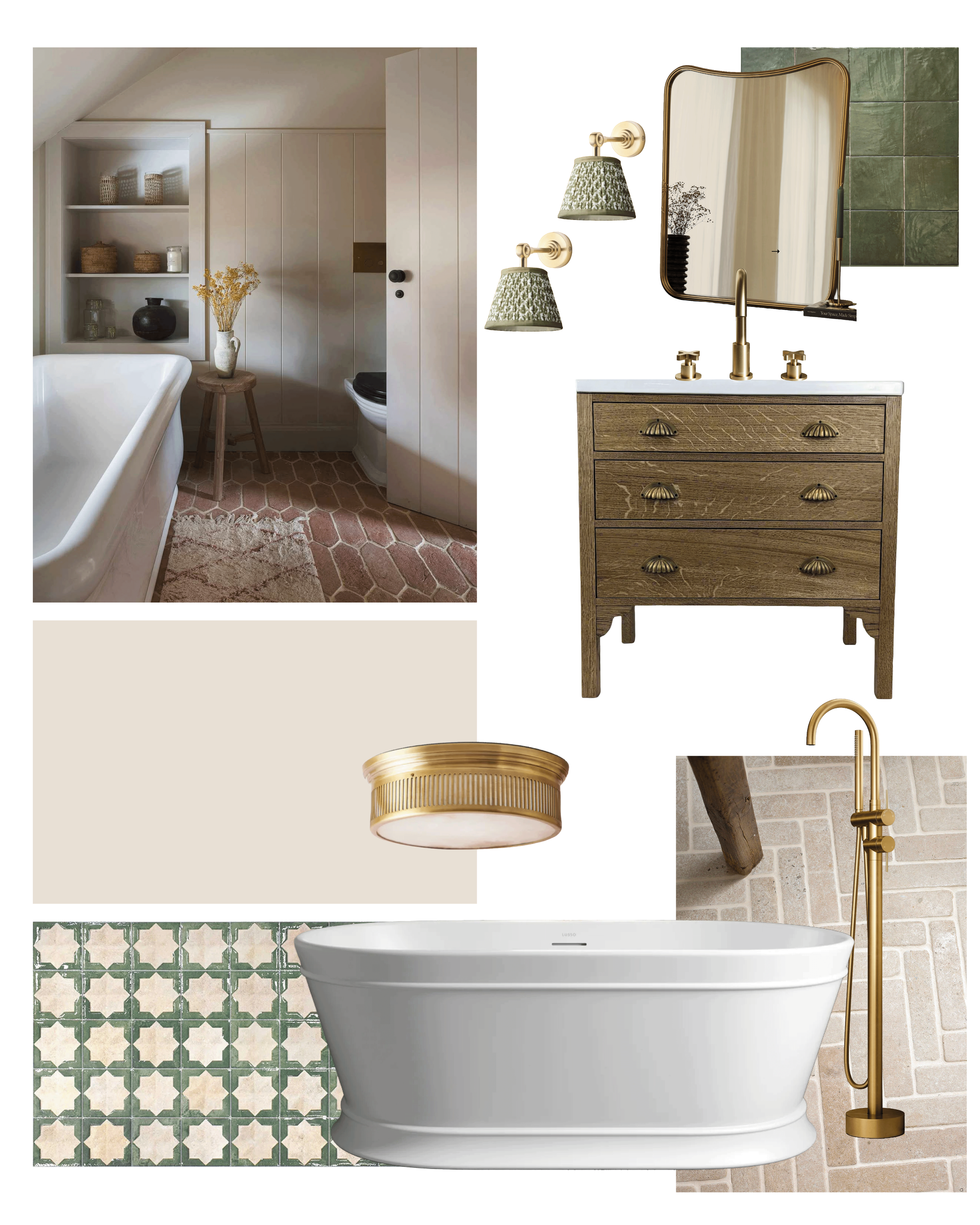 A collage of bathroom decor items, including a white bathtub with patterned green and beige tiles; a wooden vanity with a mirror, two green lamps with patterned shades, and a ceramic vase with dried flowers; a gold floor lamp; and beige brick flooring.
