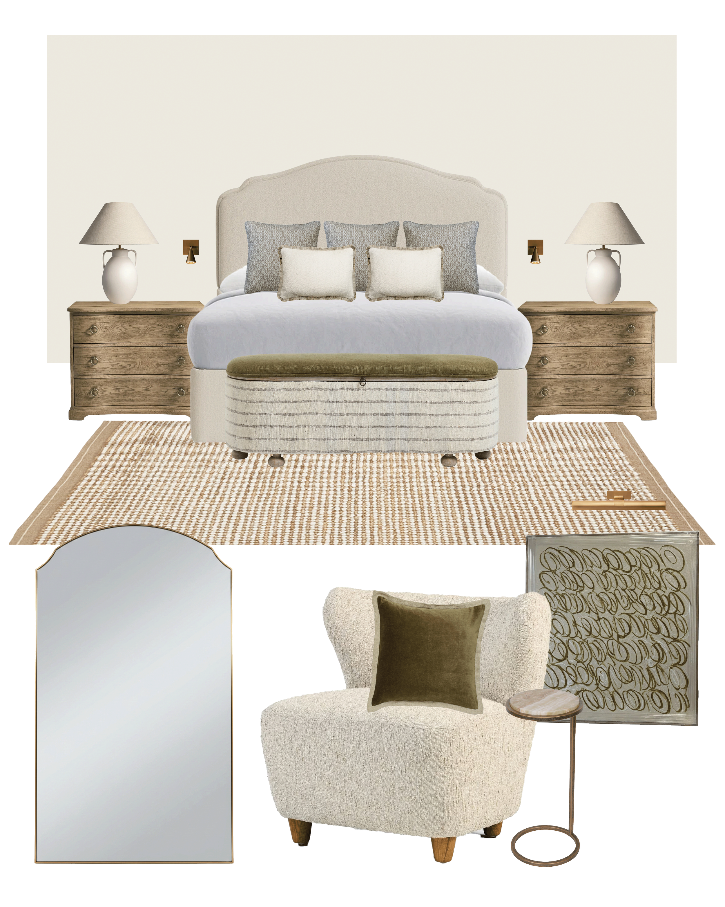 Decorative bedroom setup with a beige upholstered bed, six pillows, two matching nightstands with lamps, a beige upholstered chair with a pillow, a small round side table, a large mirror, and a framed wall art piece in a stylish bedroom interior.