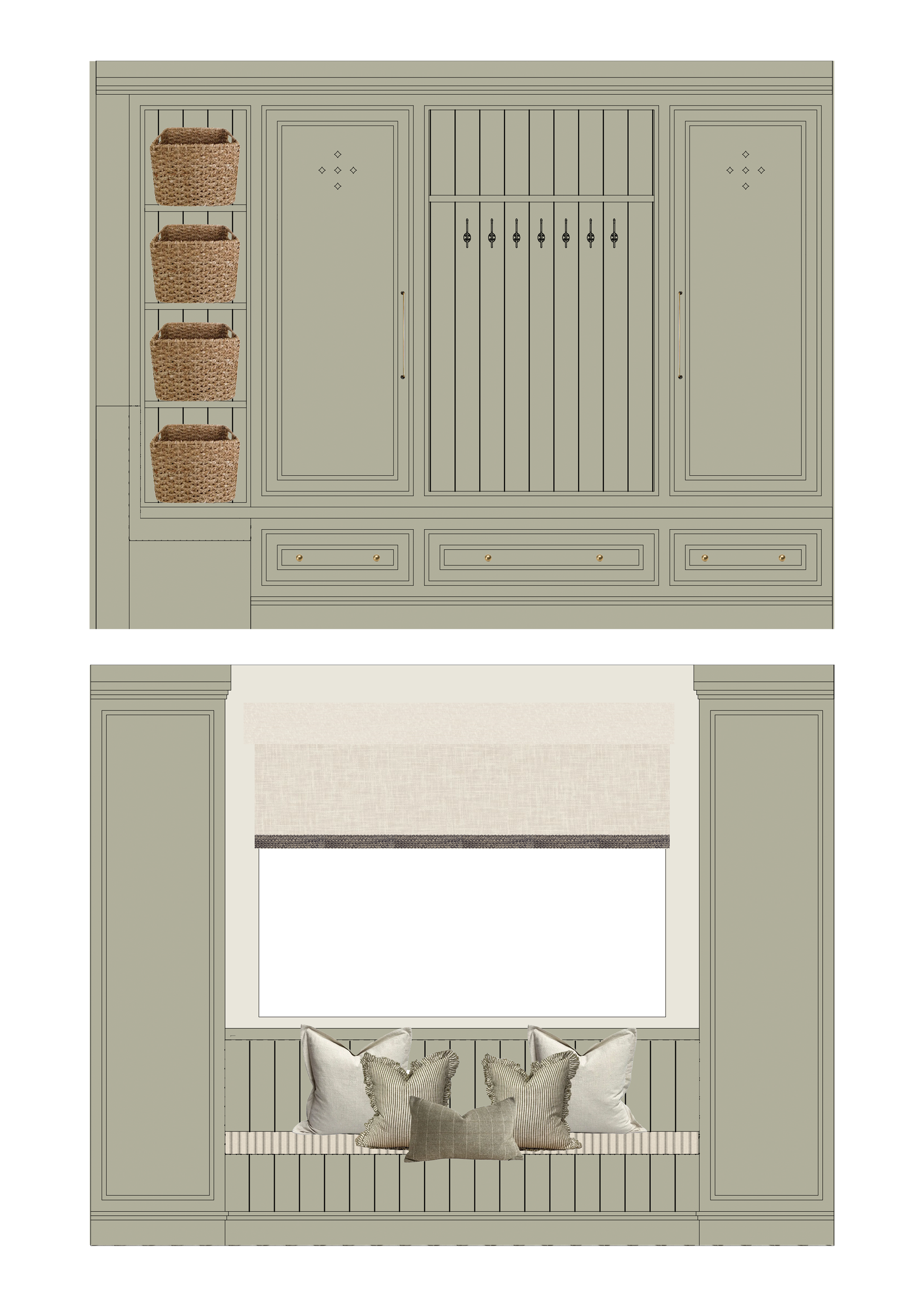 2D visualisation of the bespoke boot room joinery designed for Project Orton, illustrating integrated cabinetry, a built-in window seat, concealed storage and practical family organisation before construction.