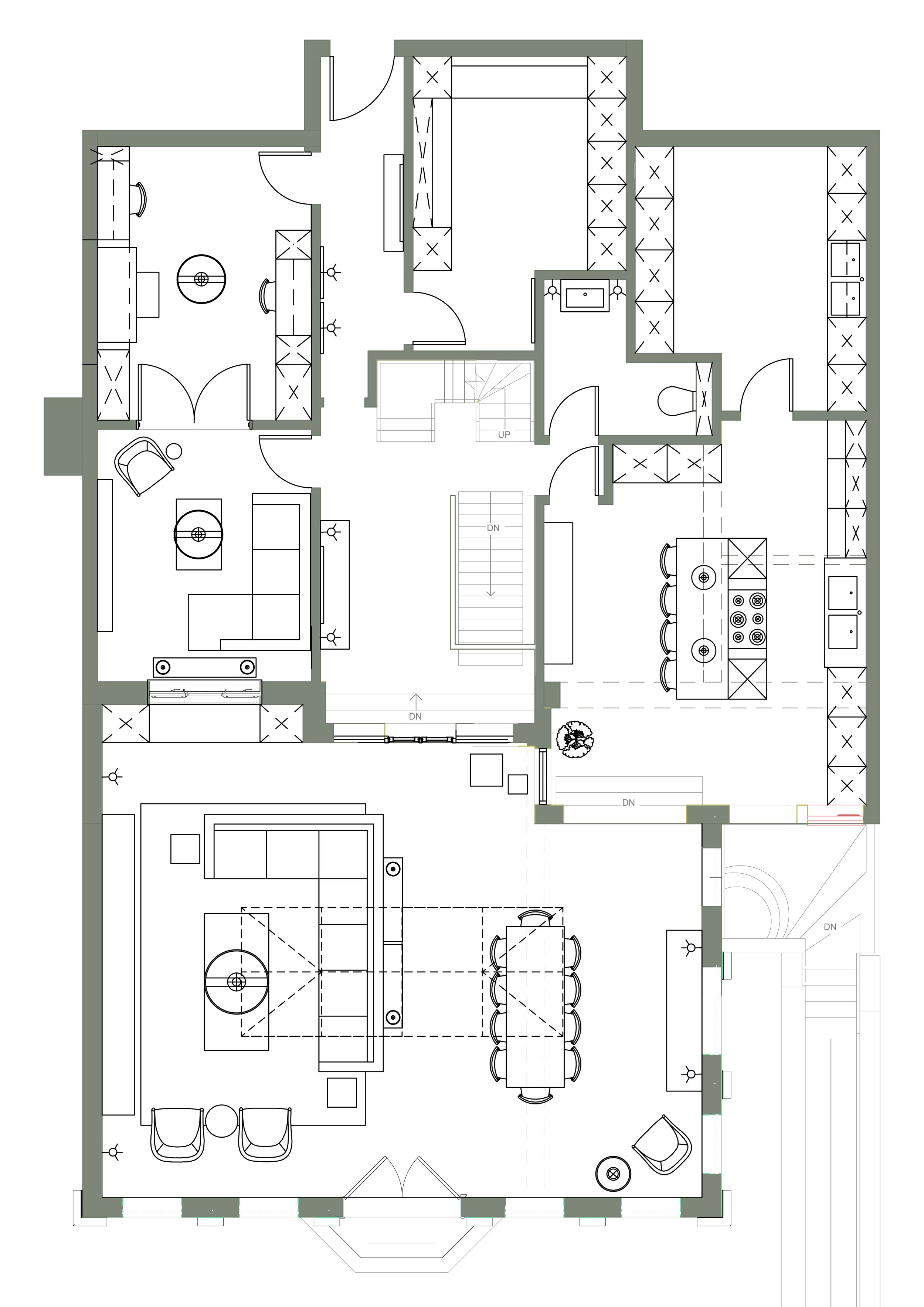 Ground floor plan for Project Orton, illustrating the bespoke interior layout, furniture planning and custom joinery design within a renovated 1930s family home in Penn, Wolverhampton.